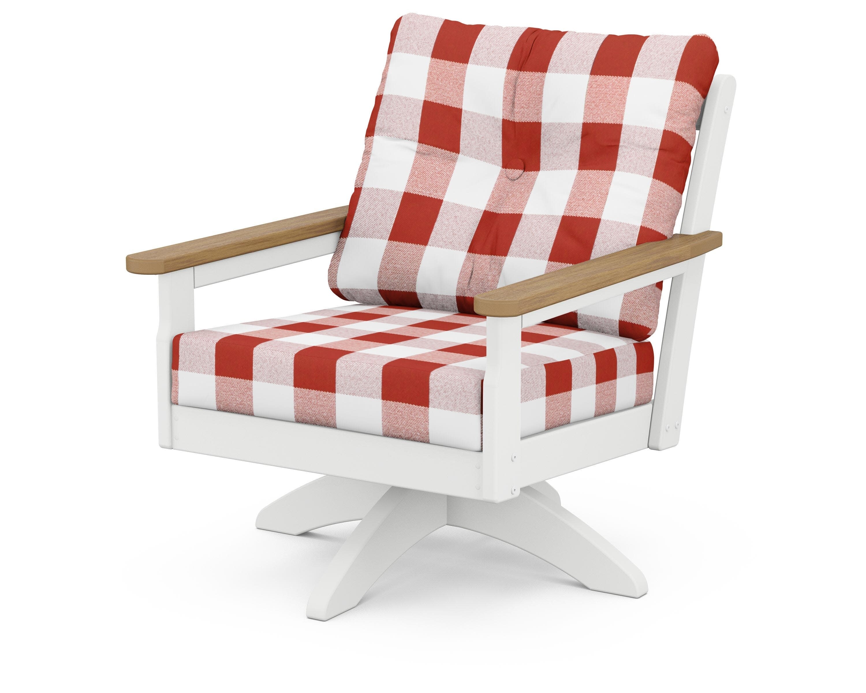 Vineyard Deep Seating Swivel Chair in White / Natural / Buffalo Plaid Crimson