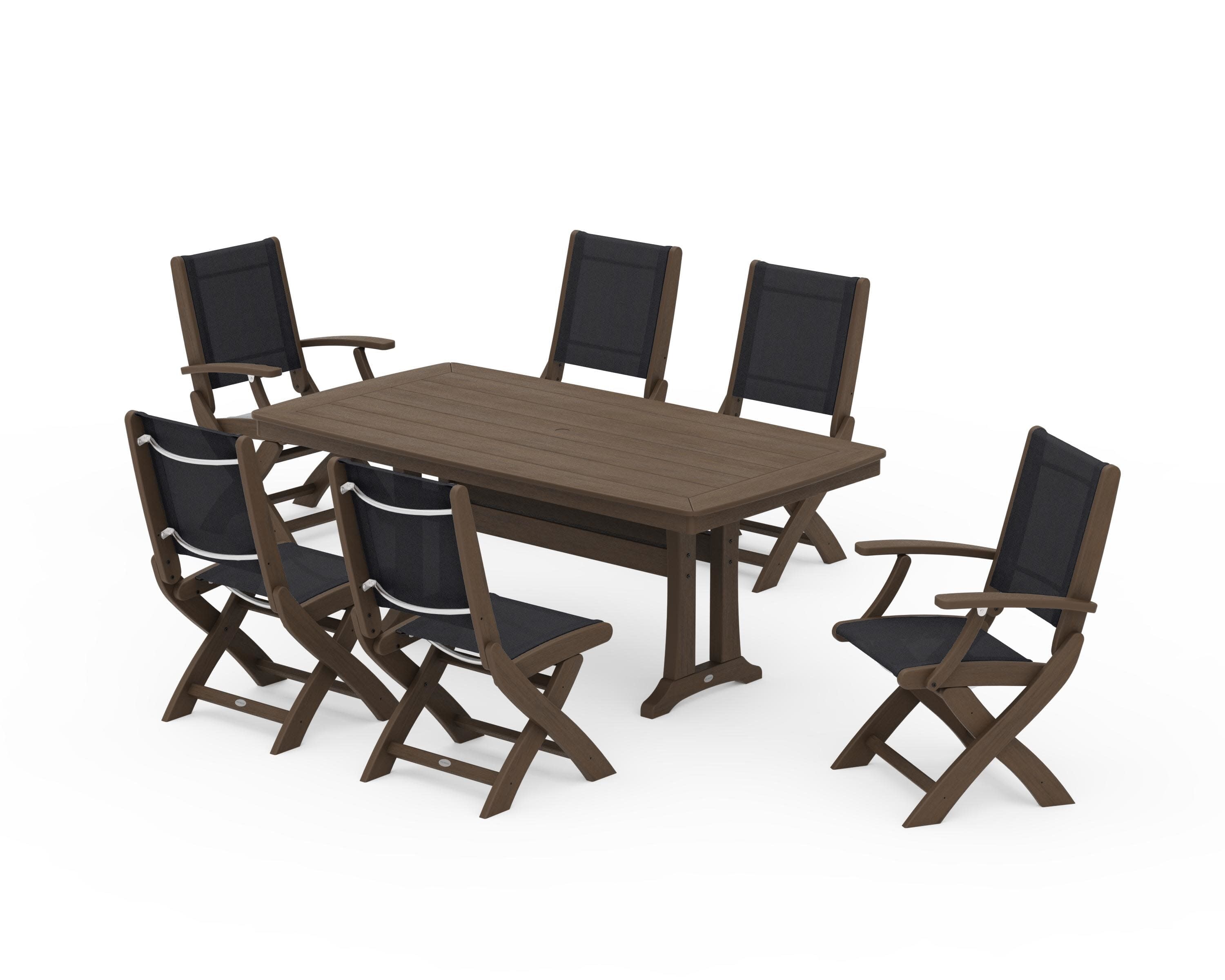Coastal Folding Chair 7-Piece Dining Set with Trestle Legs in Kona / Black Sling