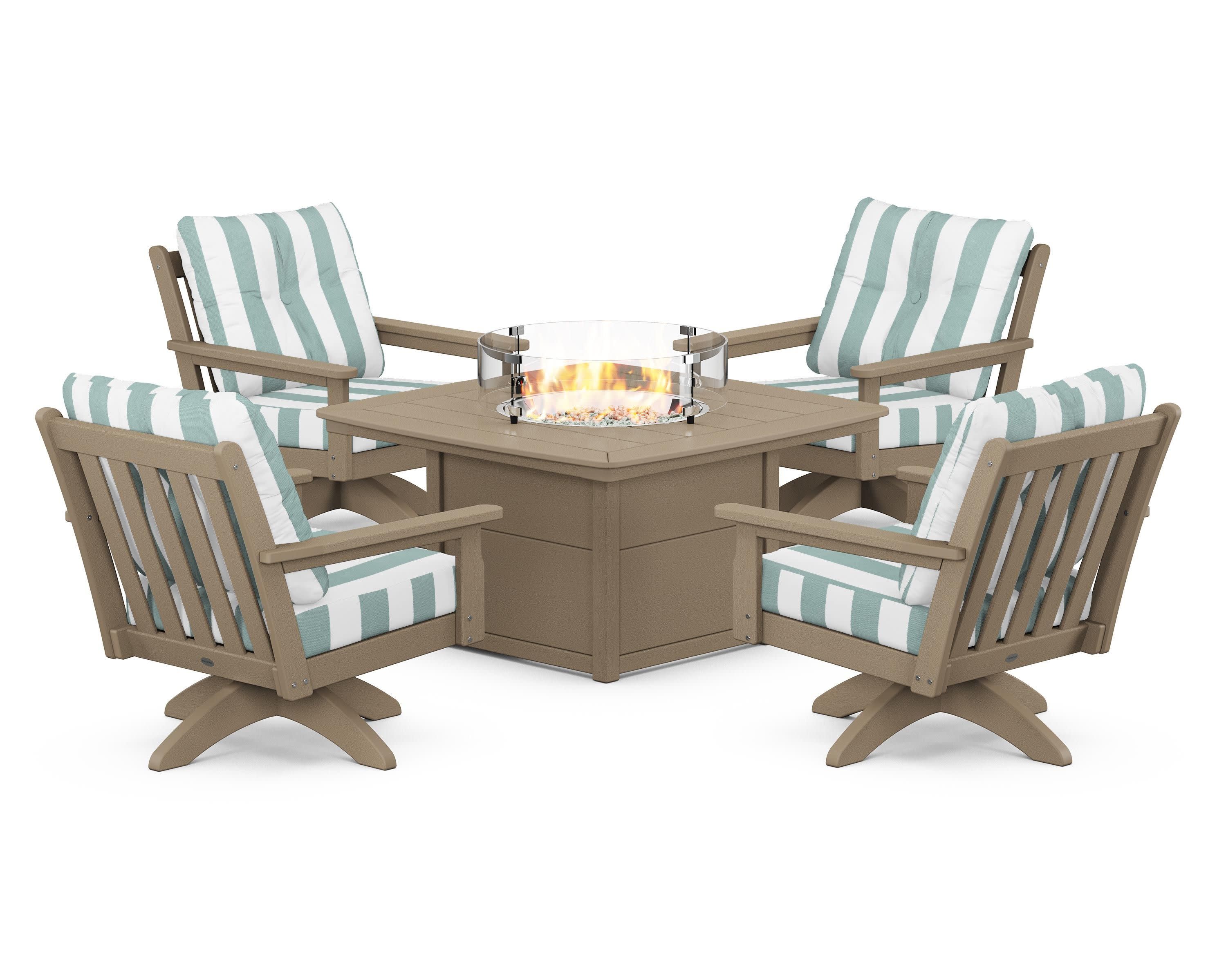 Vineyard 5-Piece Deep Seating Swivel Conversation Set with Fire Pit Table in Vintage Sahara / Cabana Stripe Glacier Spa