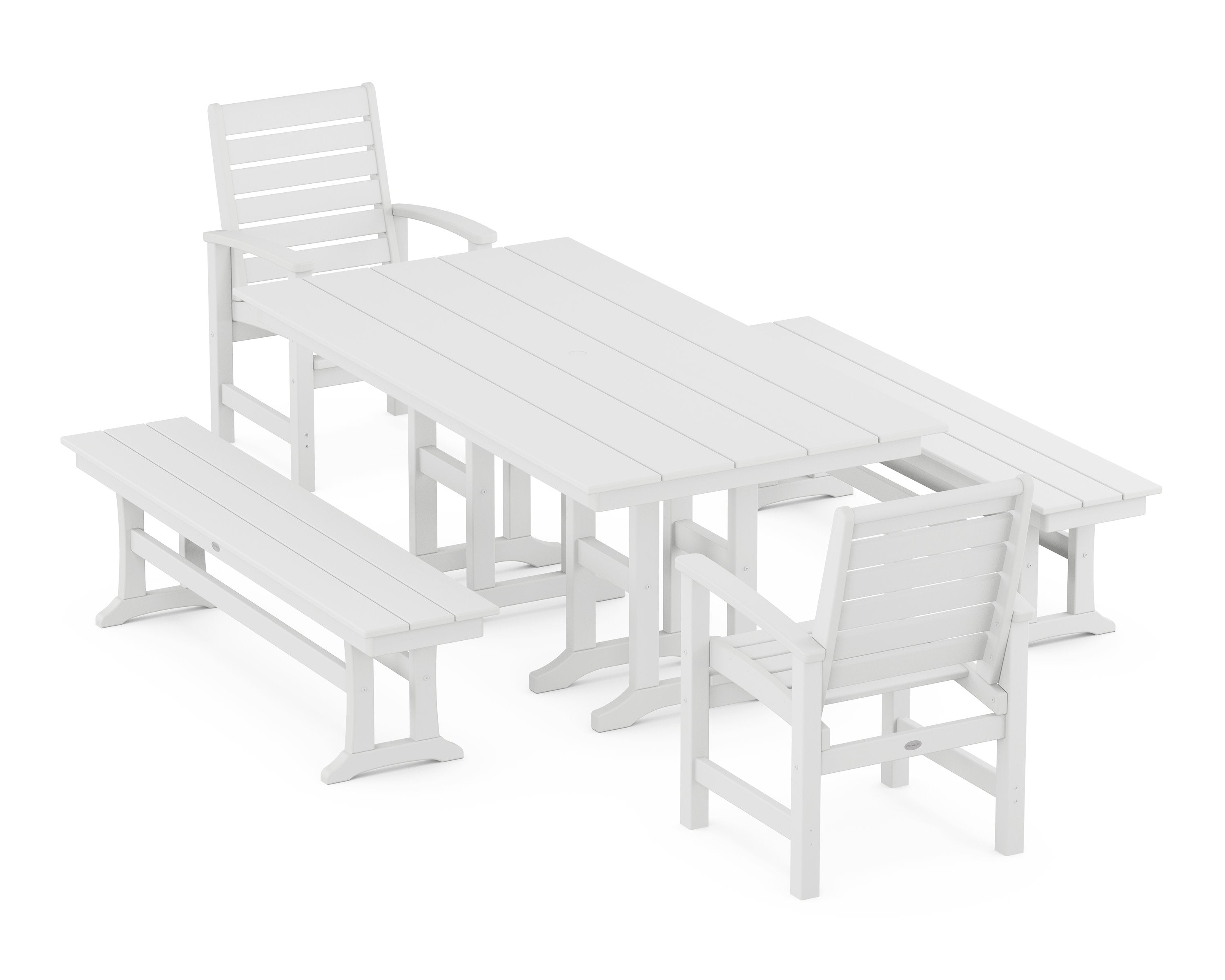 Signature 5-Piece Farmhouse Dining Set with Benches in White