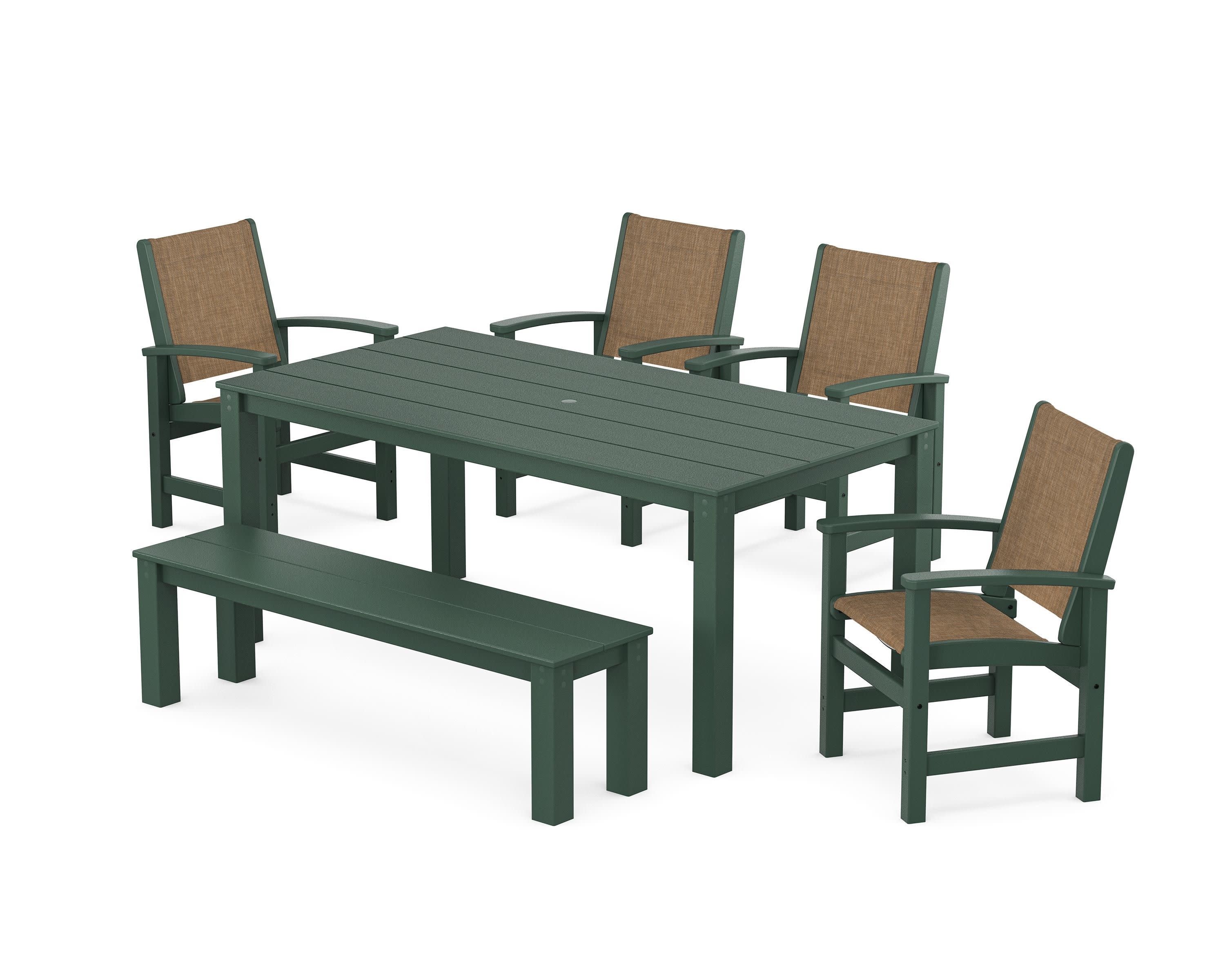 Coastal 6-Piece Parsons Dining Set with Bench in Green / Burlap Sling