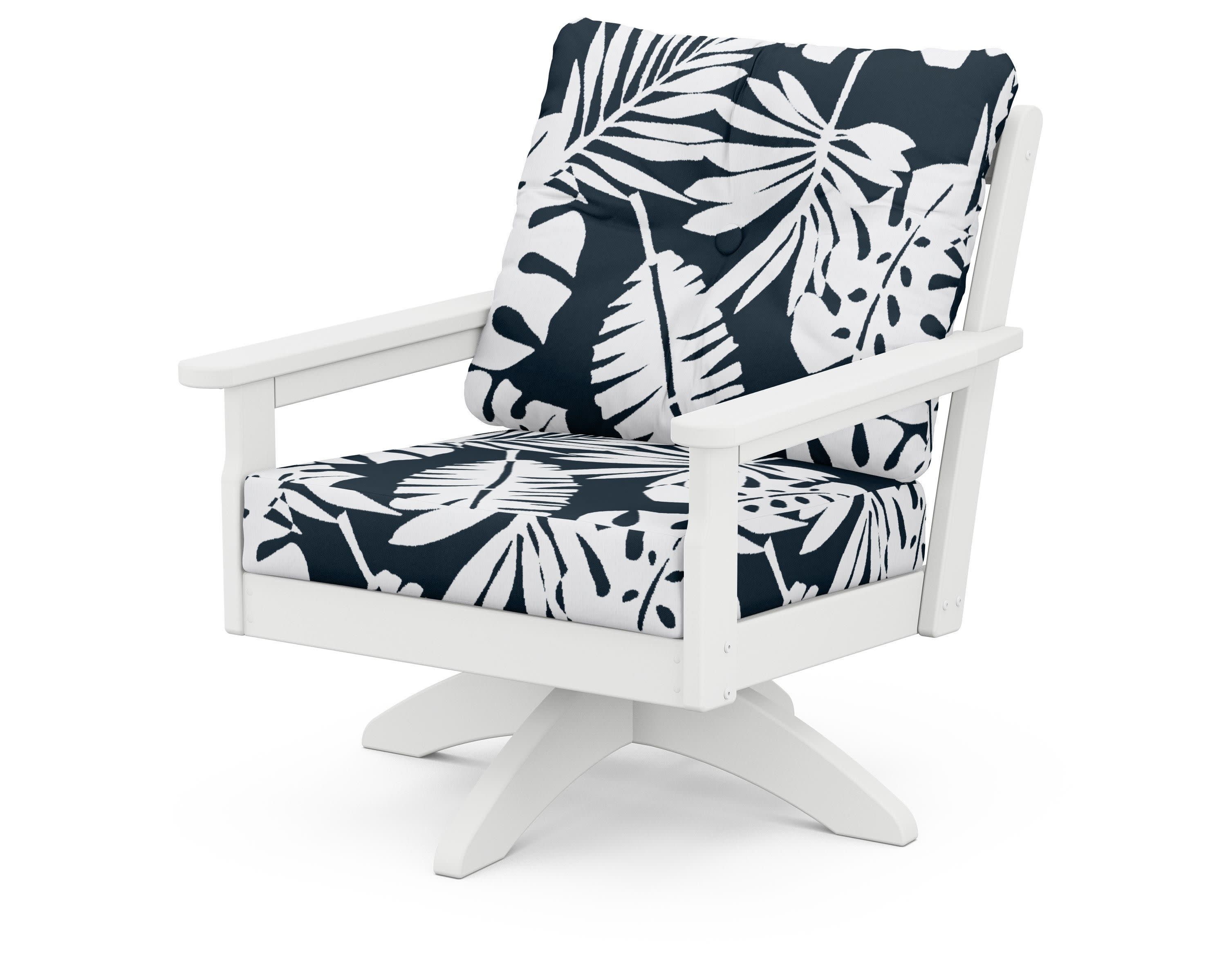 Vineyard Deep Seating Swivel Chair in White / Leaf Marine Indigo