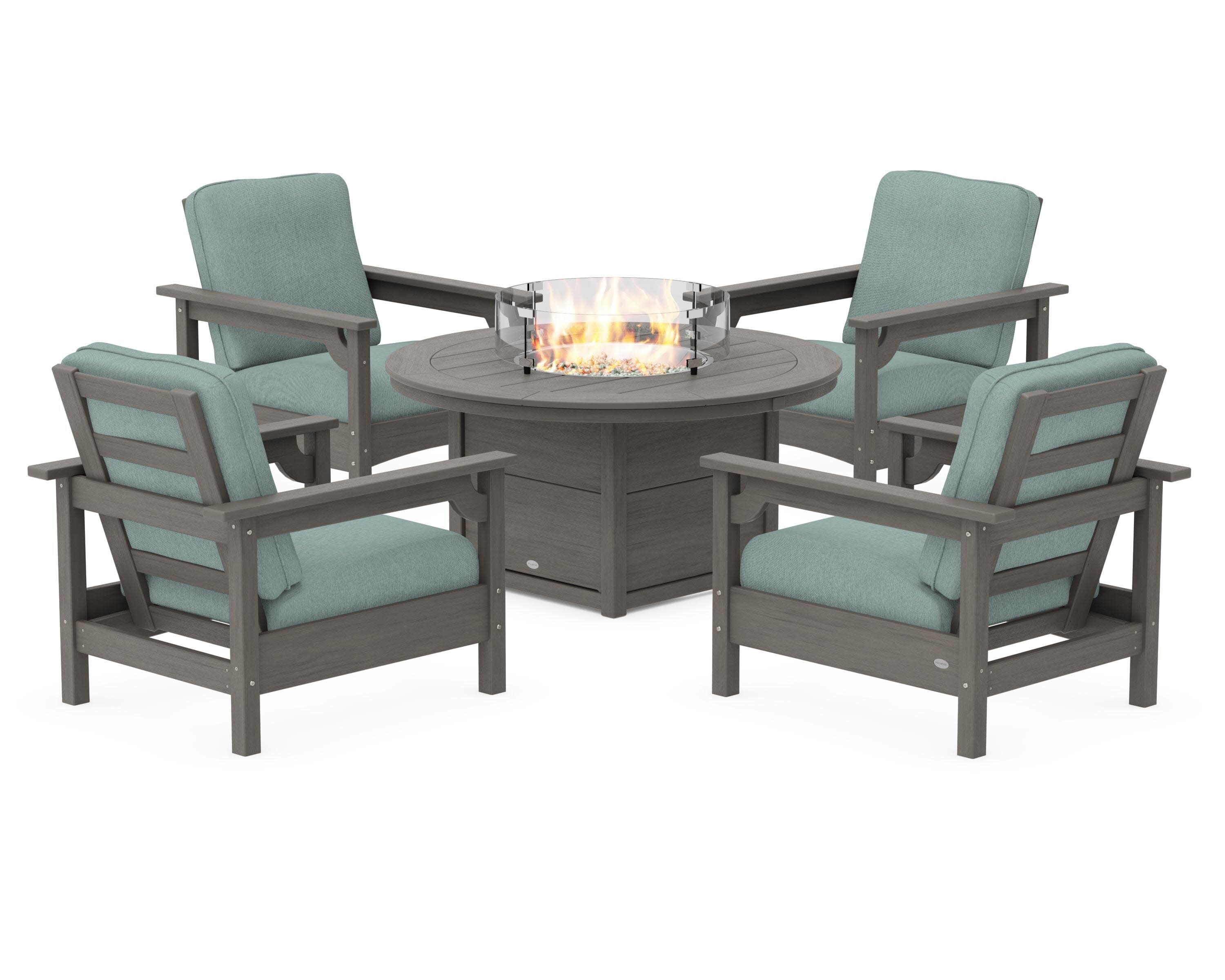 Club 5-Piece Conversation Set with Fire Pit Table in Driftwood / Glacier Spa