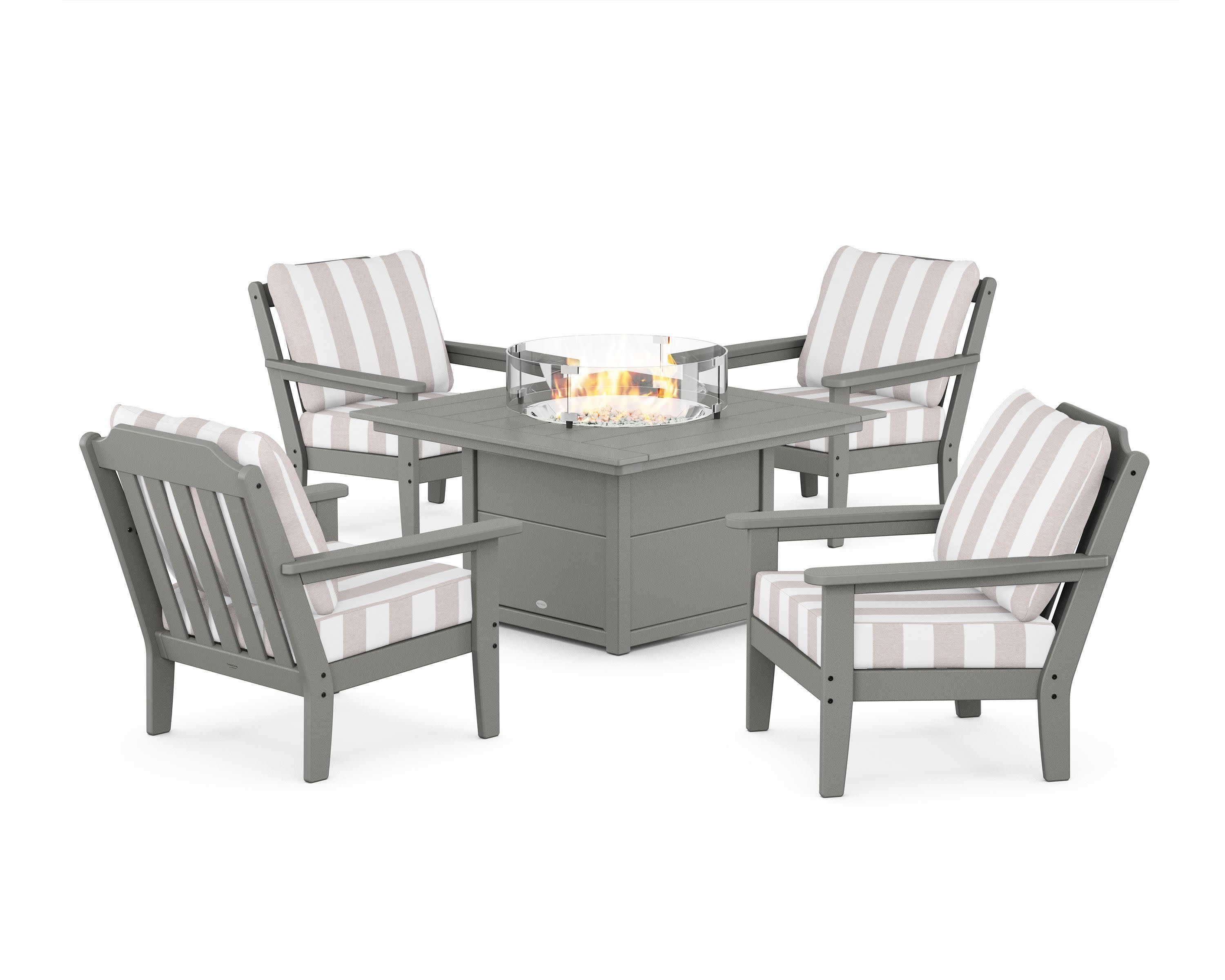 Cottage 5-Piece Deep Seating Set with Fire Pit Table in Slate Grey / Cabana Stripe Dune Burlap