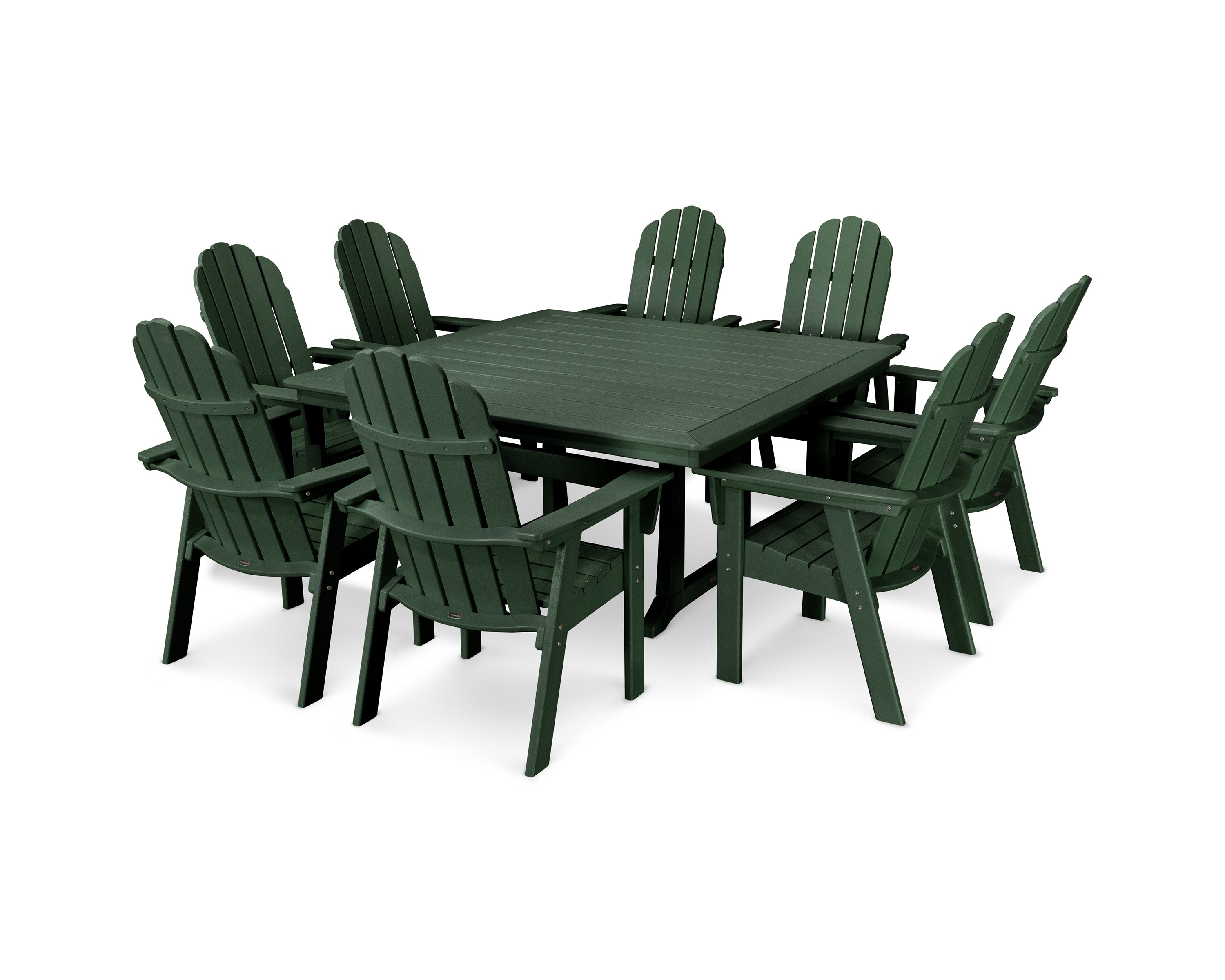 Vineyard Curveback Adirondack 9-Piece Nautical Trestle Dining Set in Green