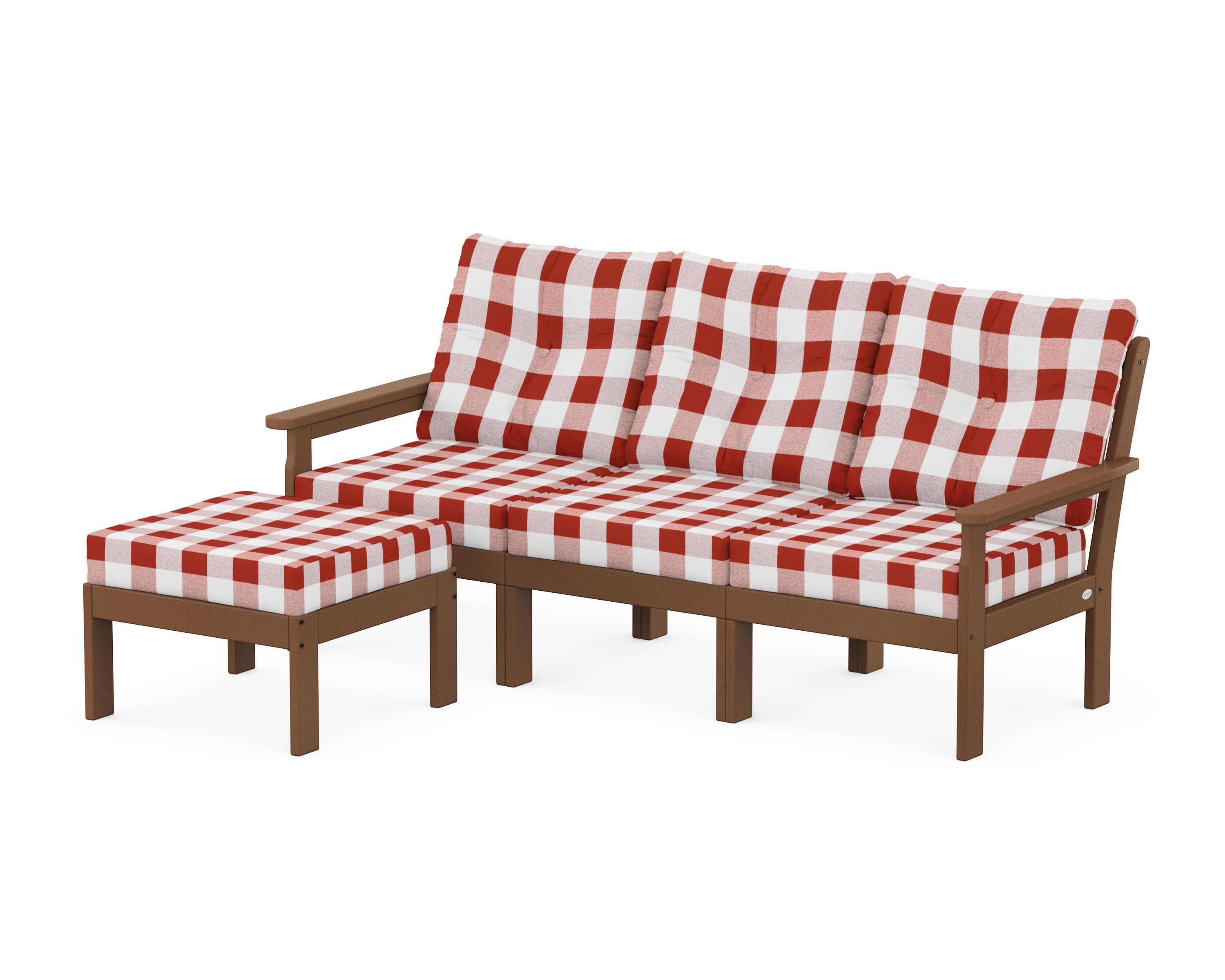 Vineyard 4-Piece Sectional with Ottoman in Teak / Buffalo Plaid Crimson