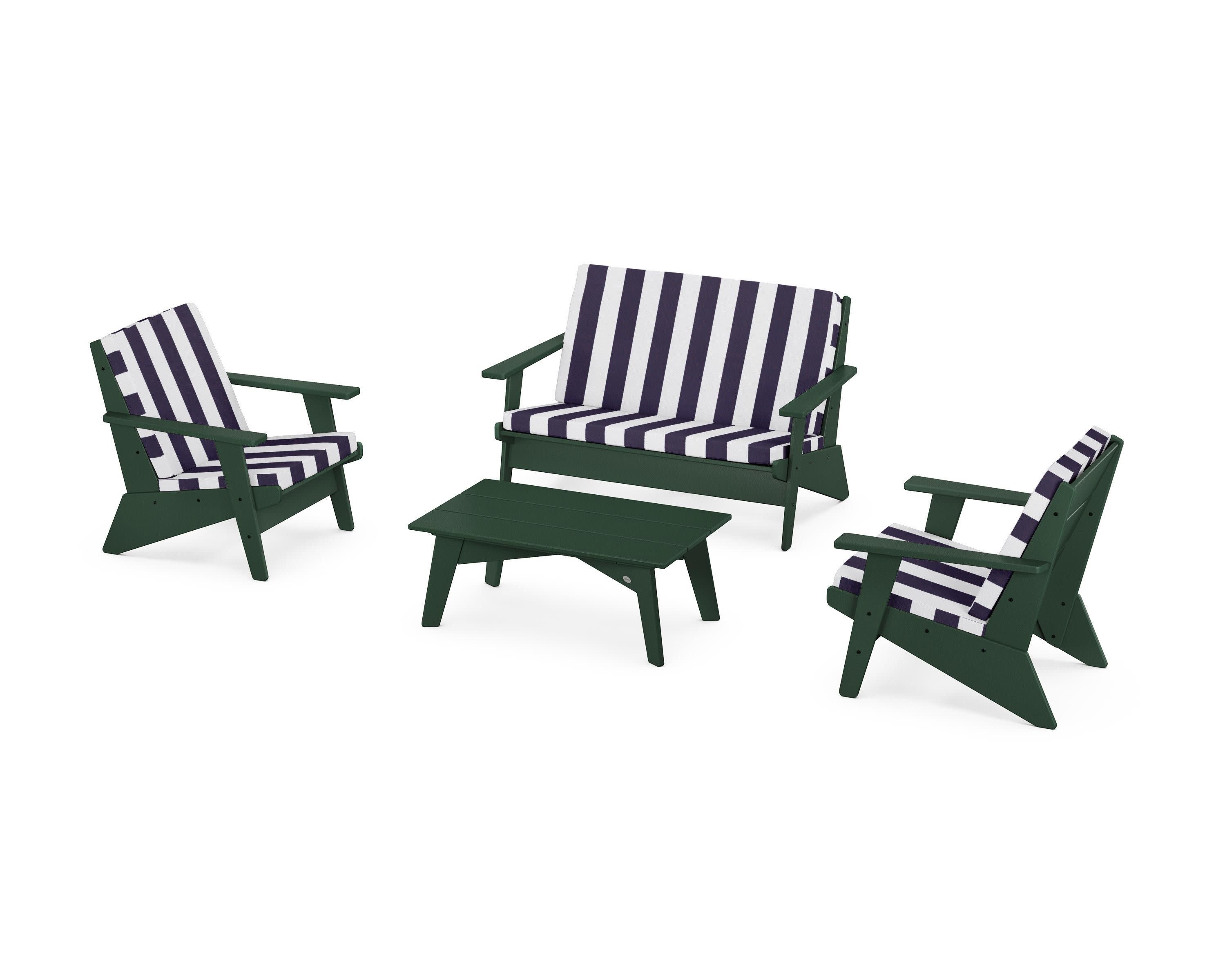 Riviera Modern Lounge 4-Piece Set in Green / Cabana Stripe Navy