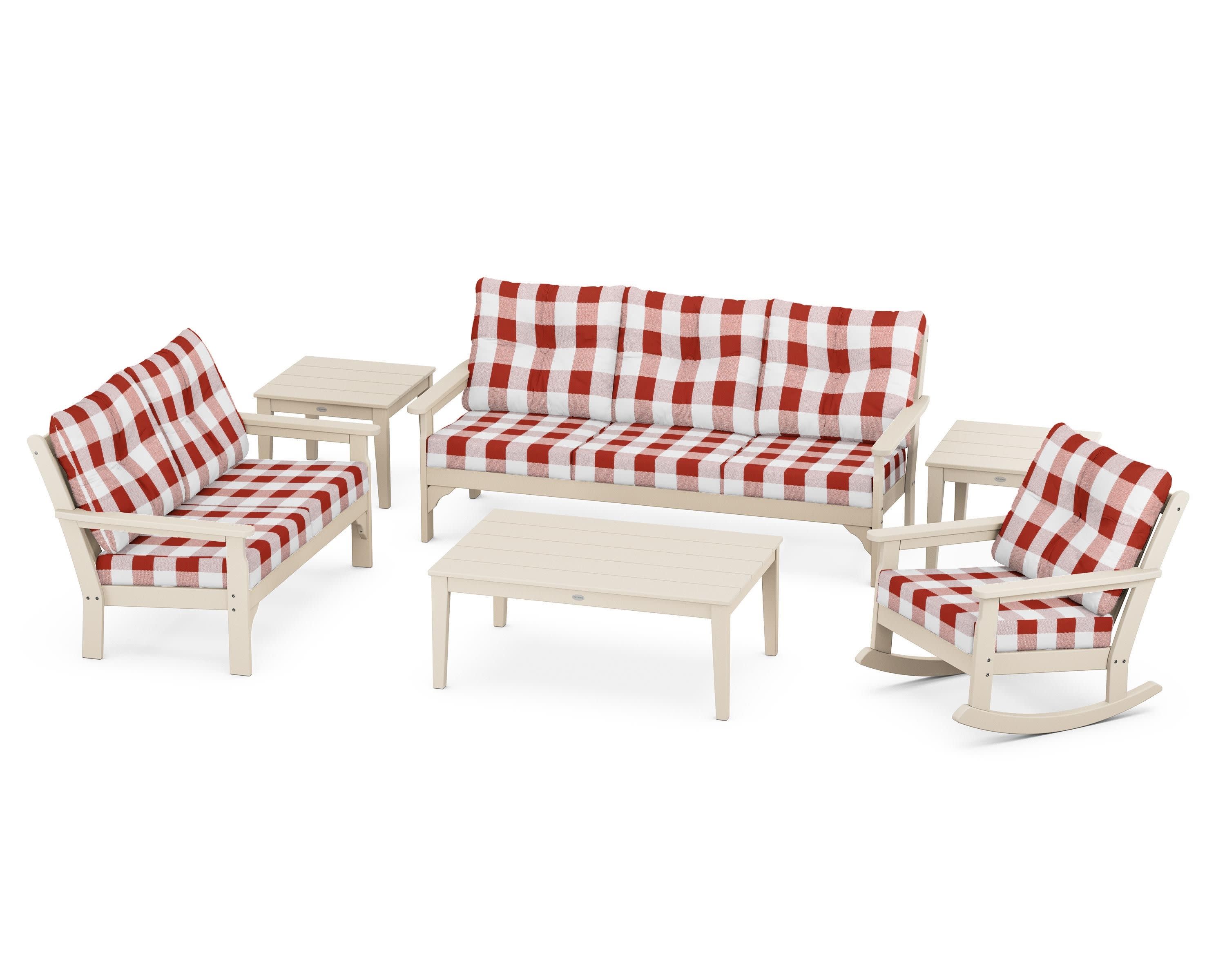 Vineyard 6-Piece Deep Seating Set in Sand / Buffalo Plaid Crimson