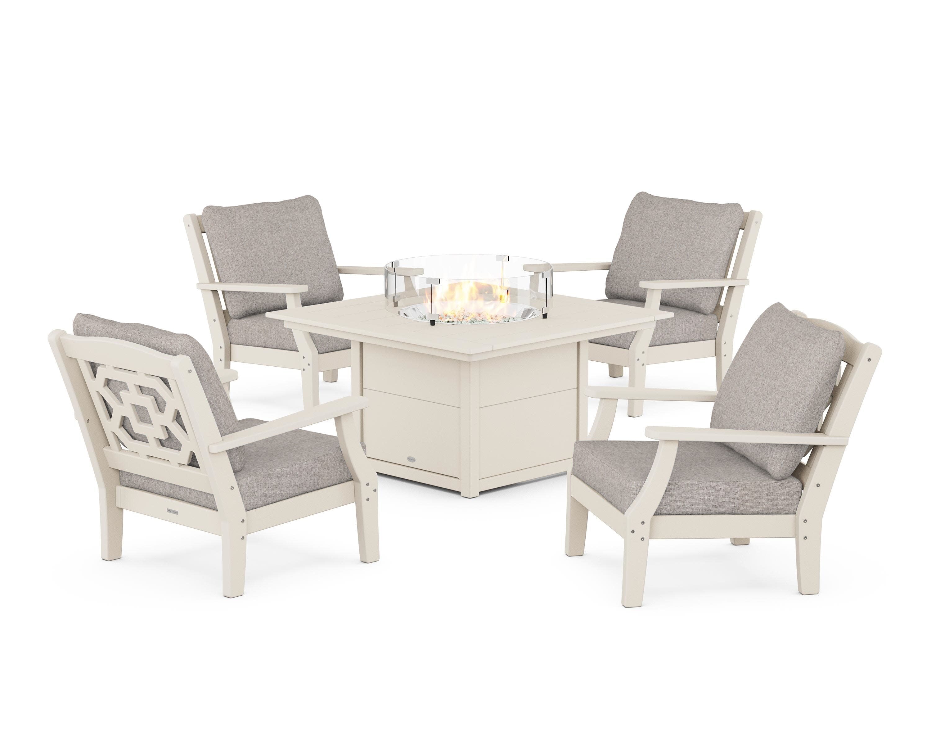 Chinoiserie 5-Piece Deep Seating Set with Fire Pit Table in Sand / Weathered Tweed