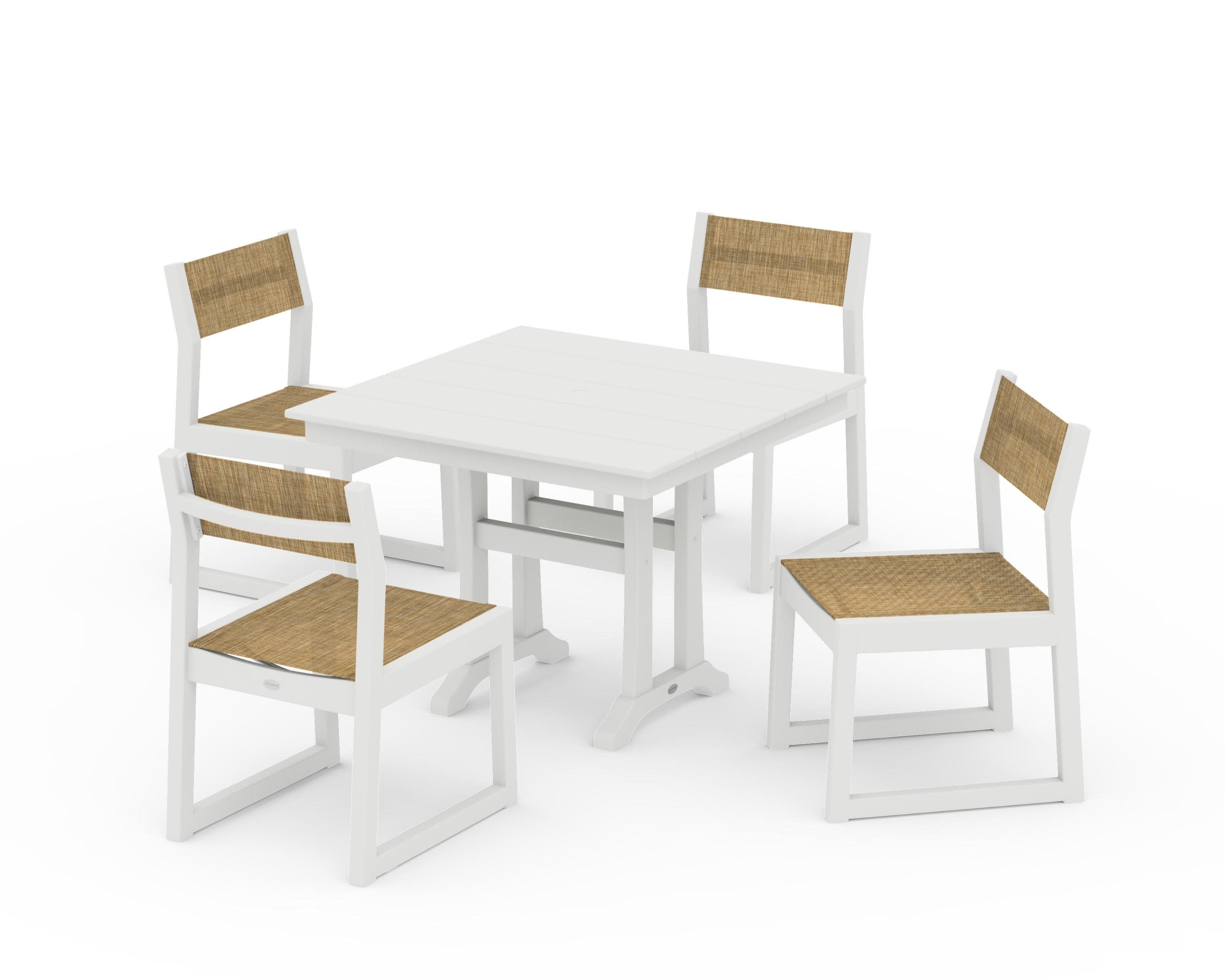 EDGE Sling 5-Piece Farmhouse Trestle Side Chair Dining Set in Vintage White / Burlap Sling