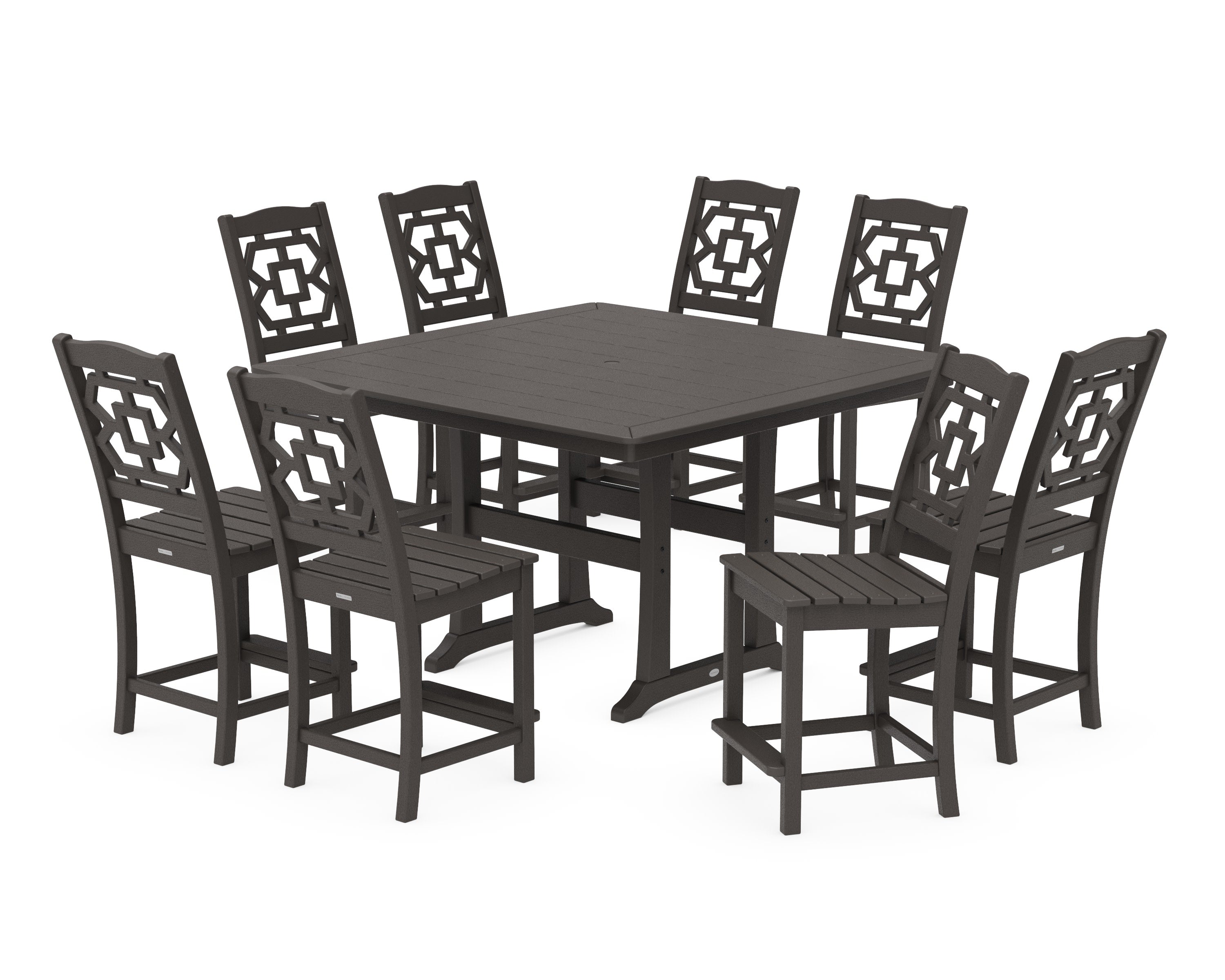 Chinoiserie 9-Piece Square Side Chair Counter Set with Trestle Legs in Vintage Coffee
