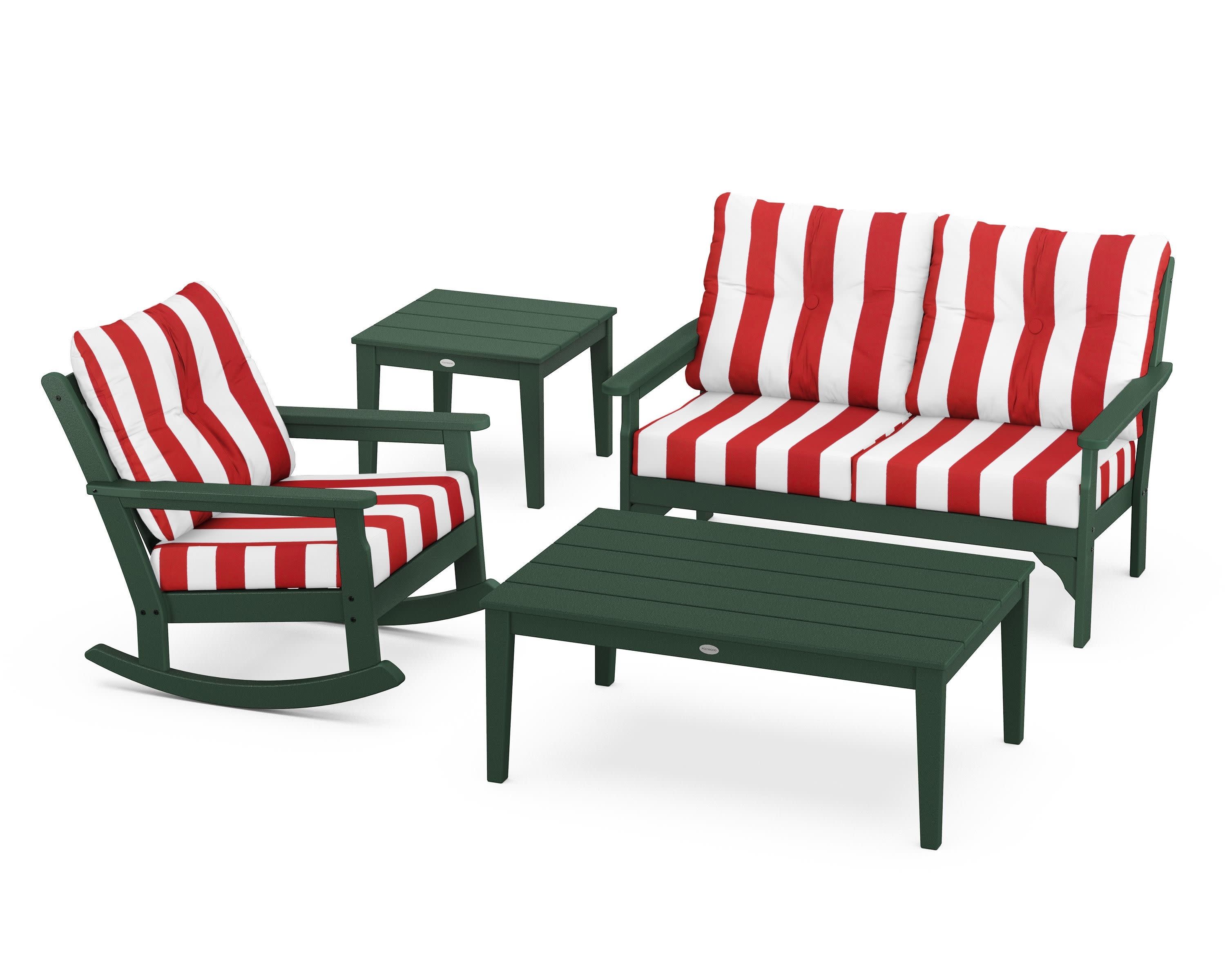 Vineyard 4-Piece Deep Seating Rocker Set in Green / Cabana Stripe Crimson
