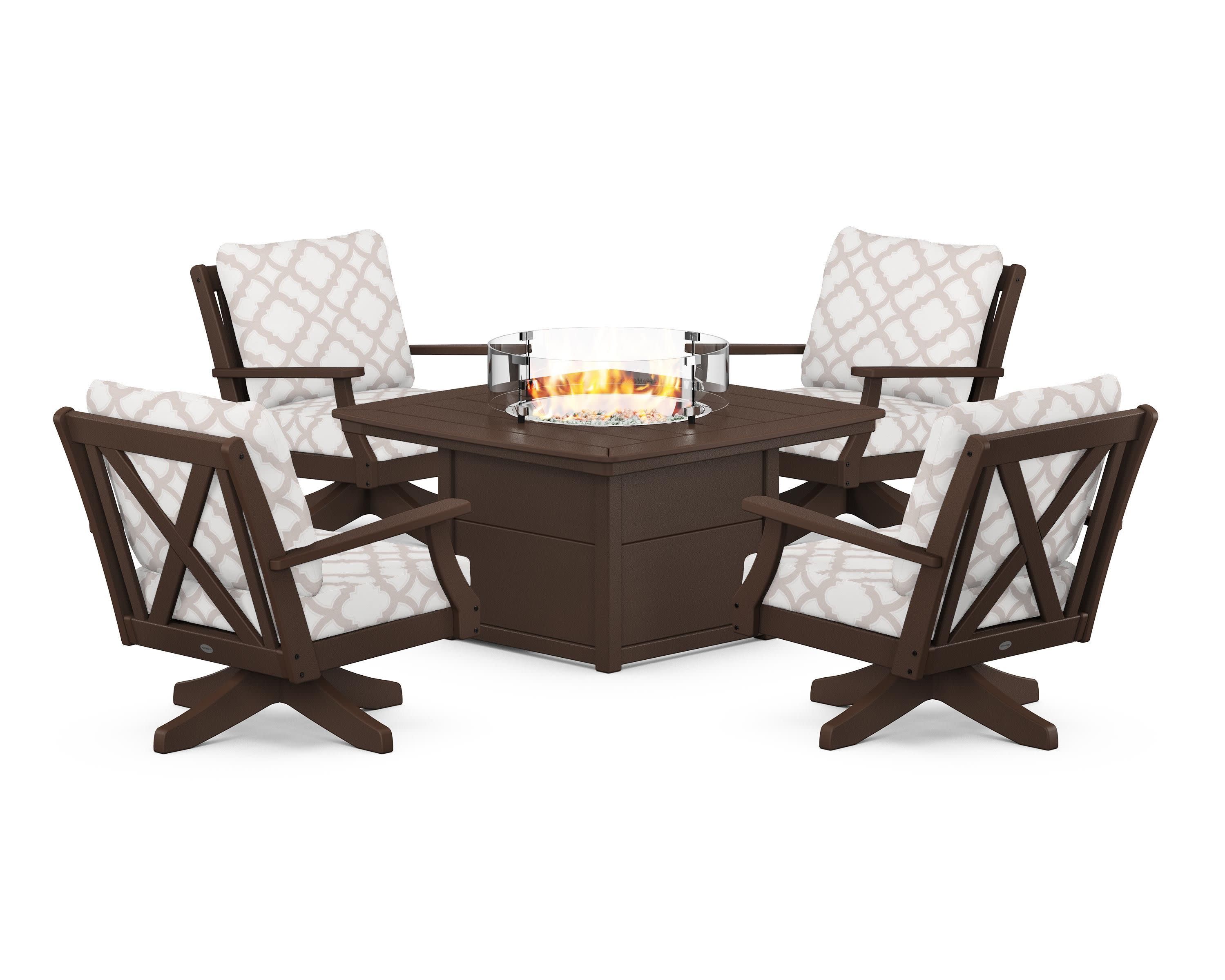 Braxton 5-Piece Deep Seating Swivel Conversation Set with Fire Pit Table in Mahogany / Trellis Dune Burlap