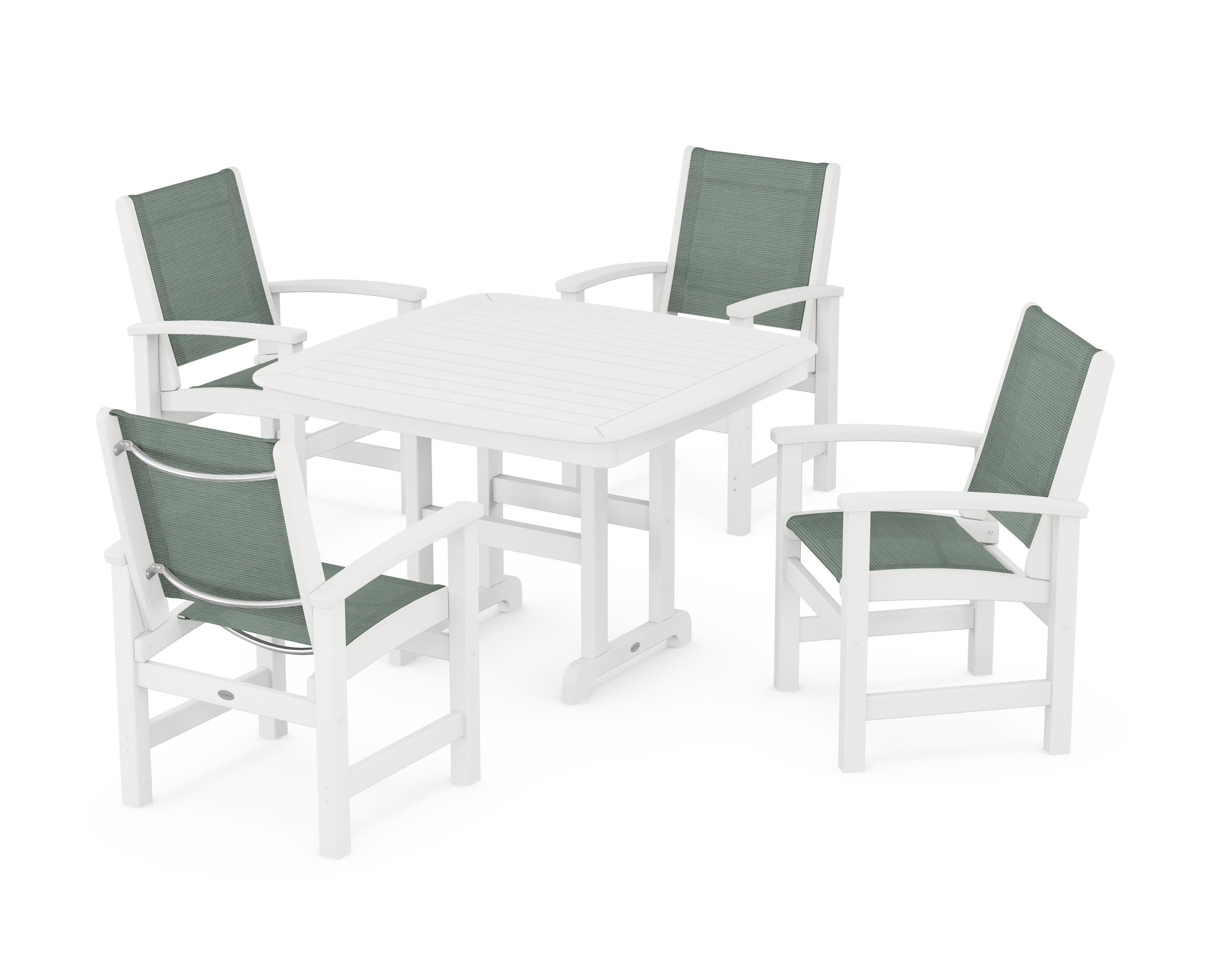 Coastal 5-Piece Dining Set in White / Dupioni Sea Mist Sling