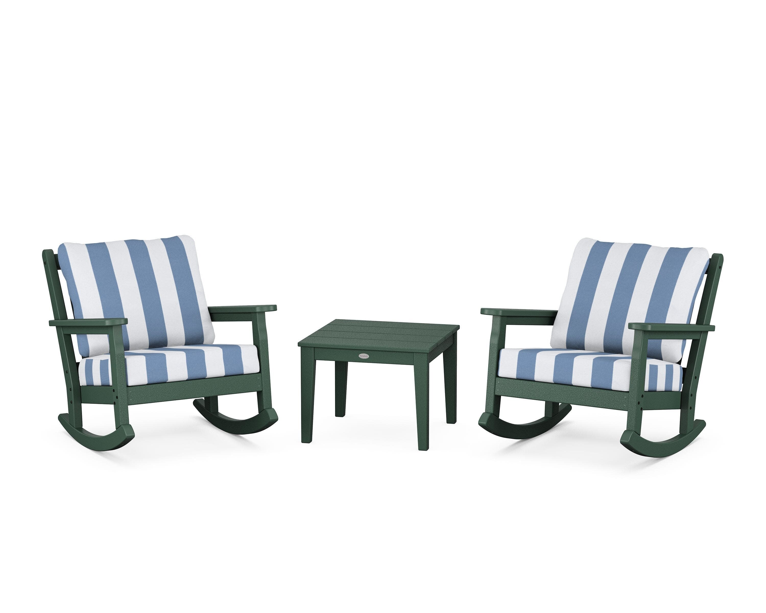 Chippendale 3-Piece Deep Seating Rocker Set in Green / Cabana Stripe Sky Blue