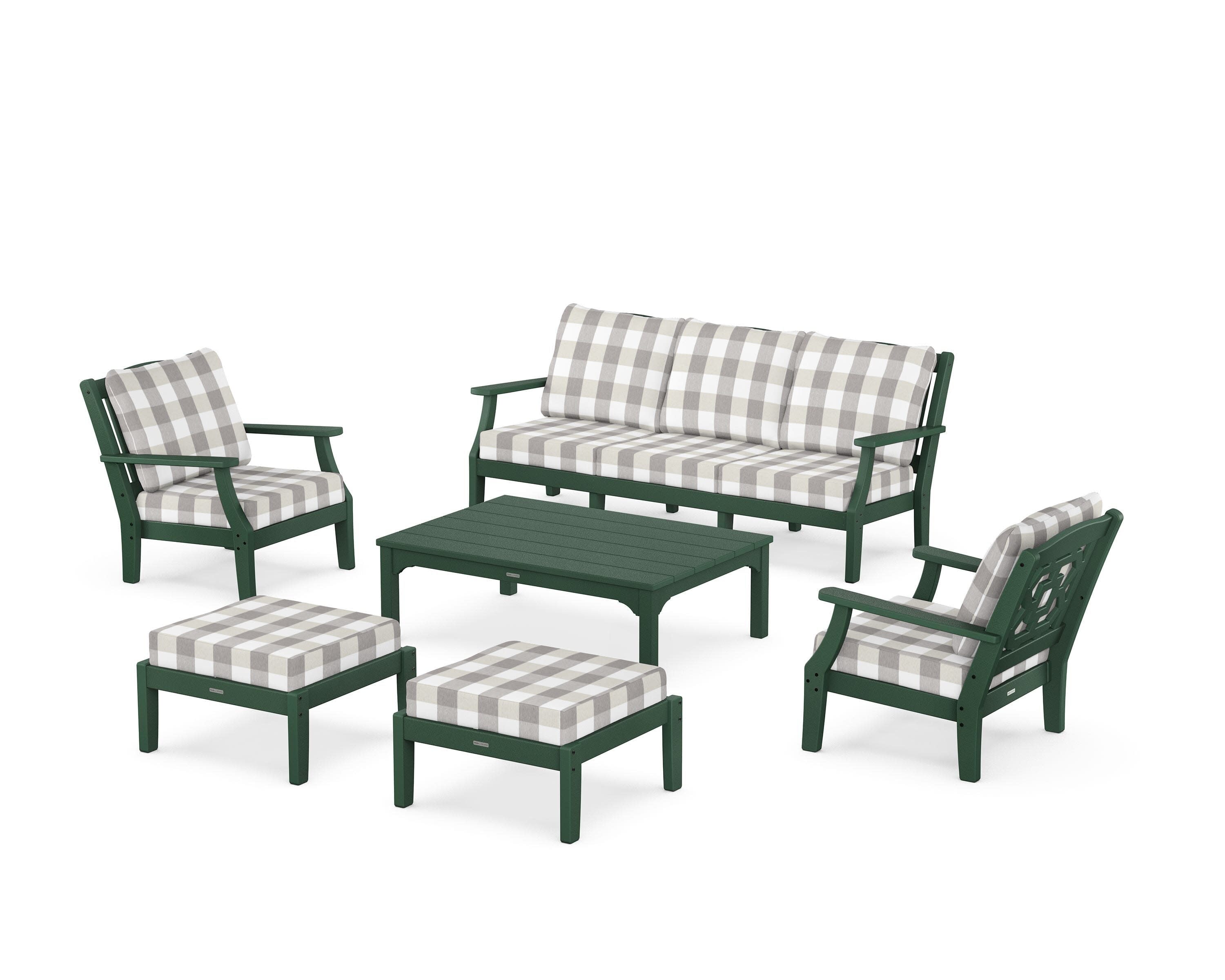 Chinoiserie 6-Piece Lounge Sofa Set in Green / Buffalo Plaid Grey Mist
