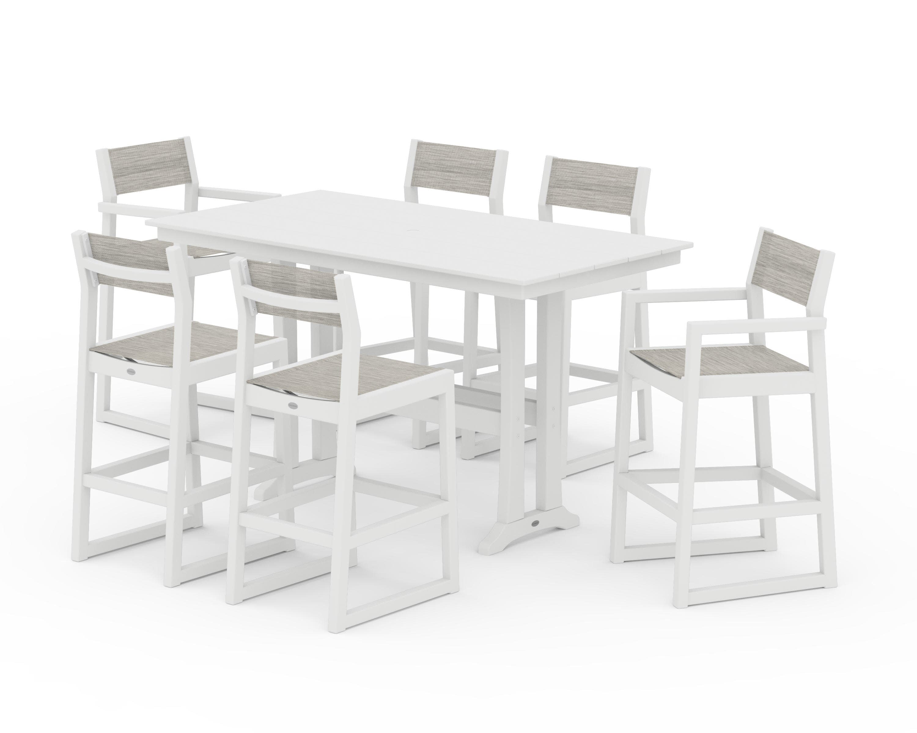 EDGE Sling 7-Piece Farmhouse Bar Set with Trestle Legs in White / Birch Sling