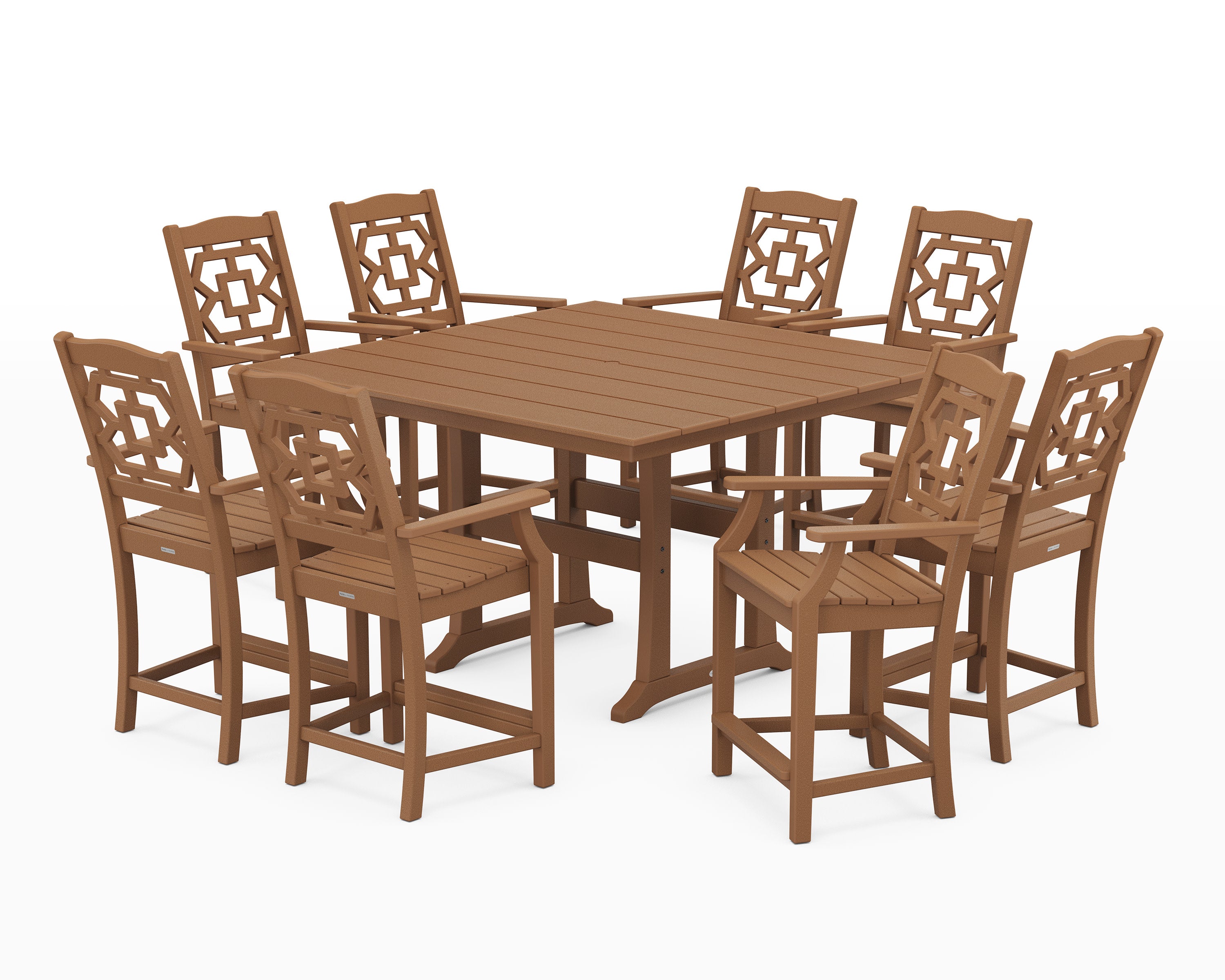 Chinoiserie 9-Piece Square Farmhouse Counter Set with Trestle Legs in Teak