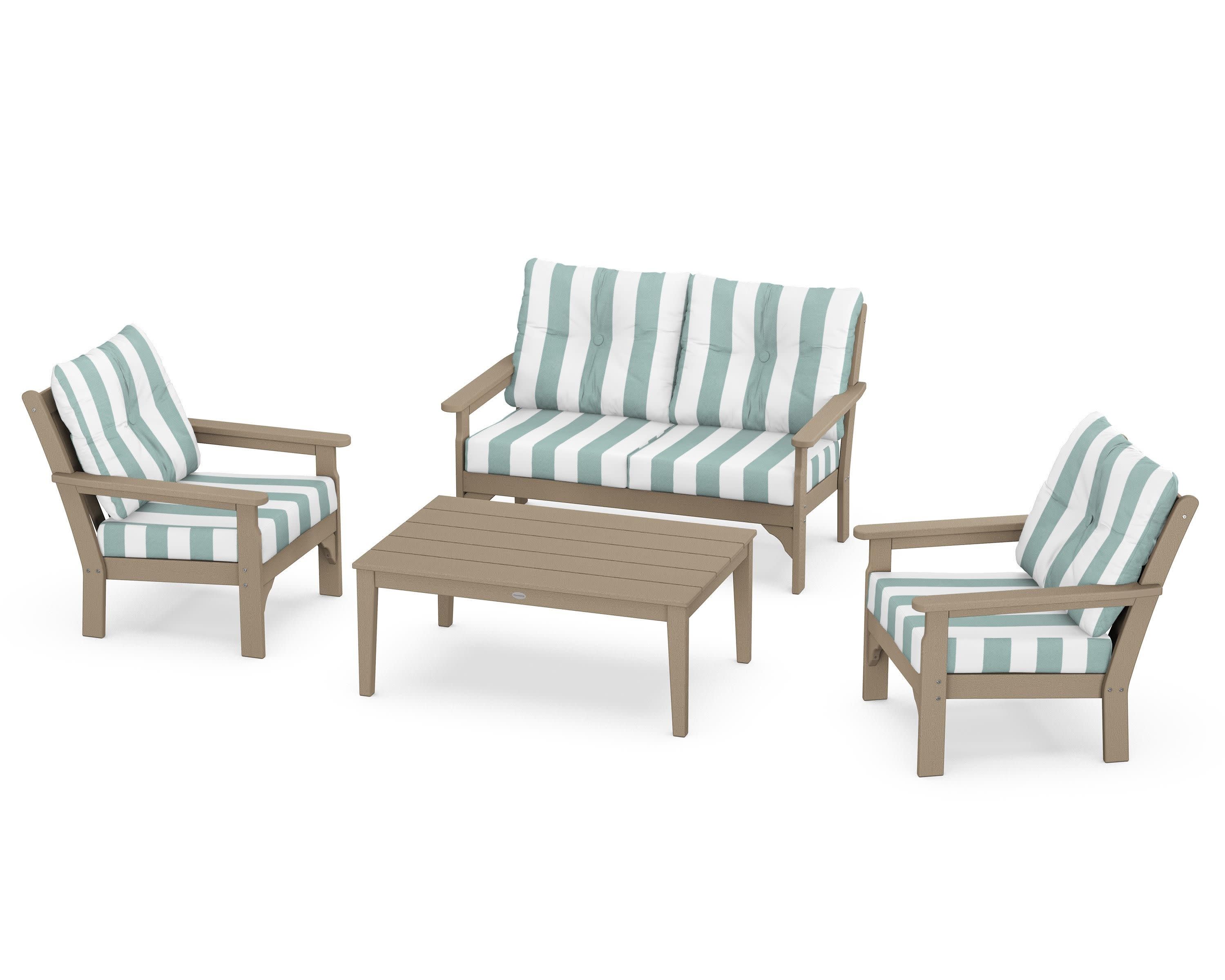 Vineyard 4-Piece Deep Seating Set in Vintage Sahara / Cabana Stripe Glacier Spa