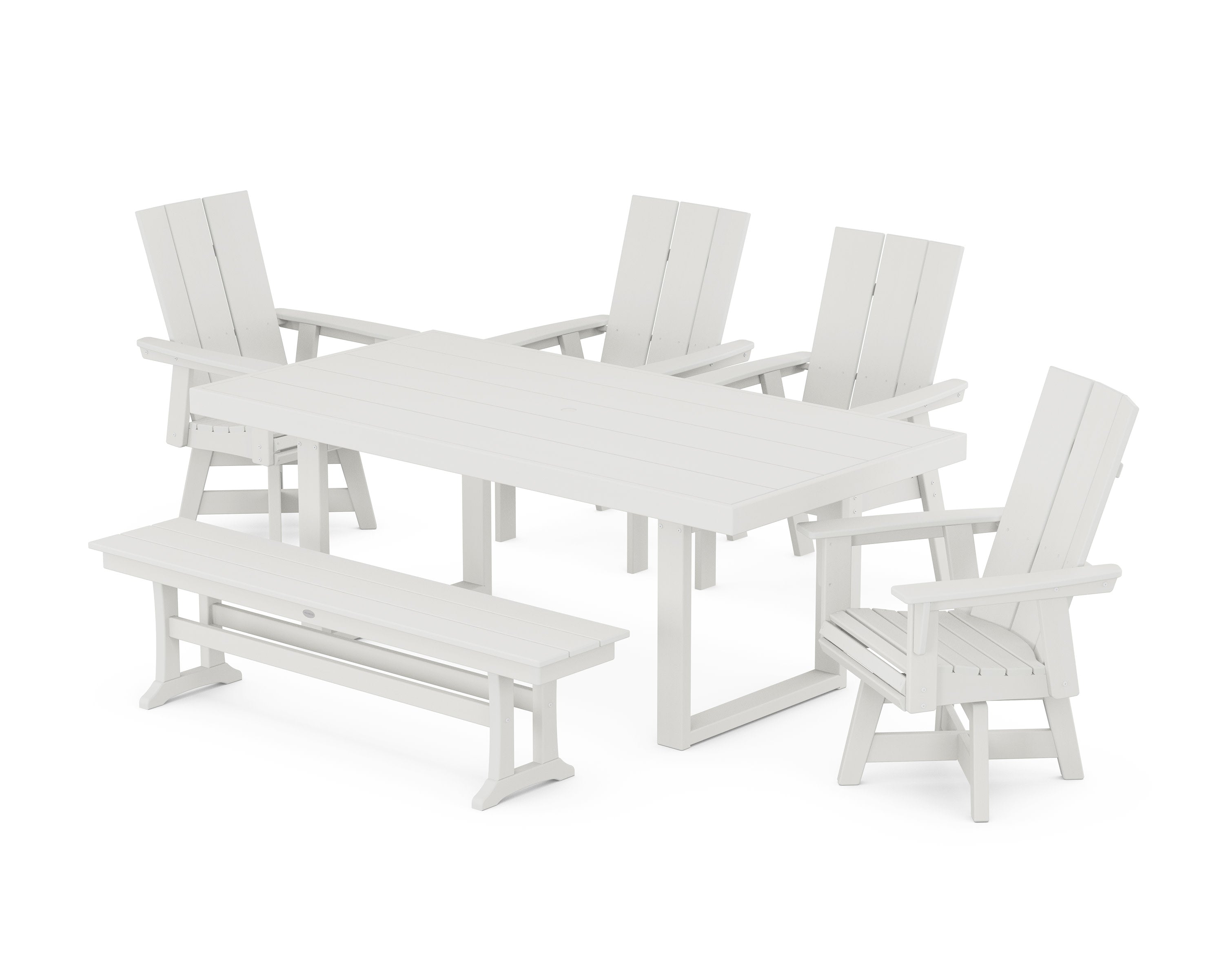 Modern Curveback Adirondack Swivel Chair 6-Piece Dining Set with Bench in Vintage White