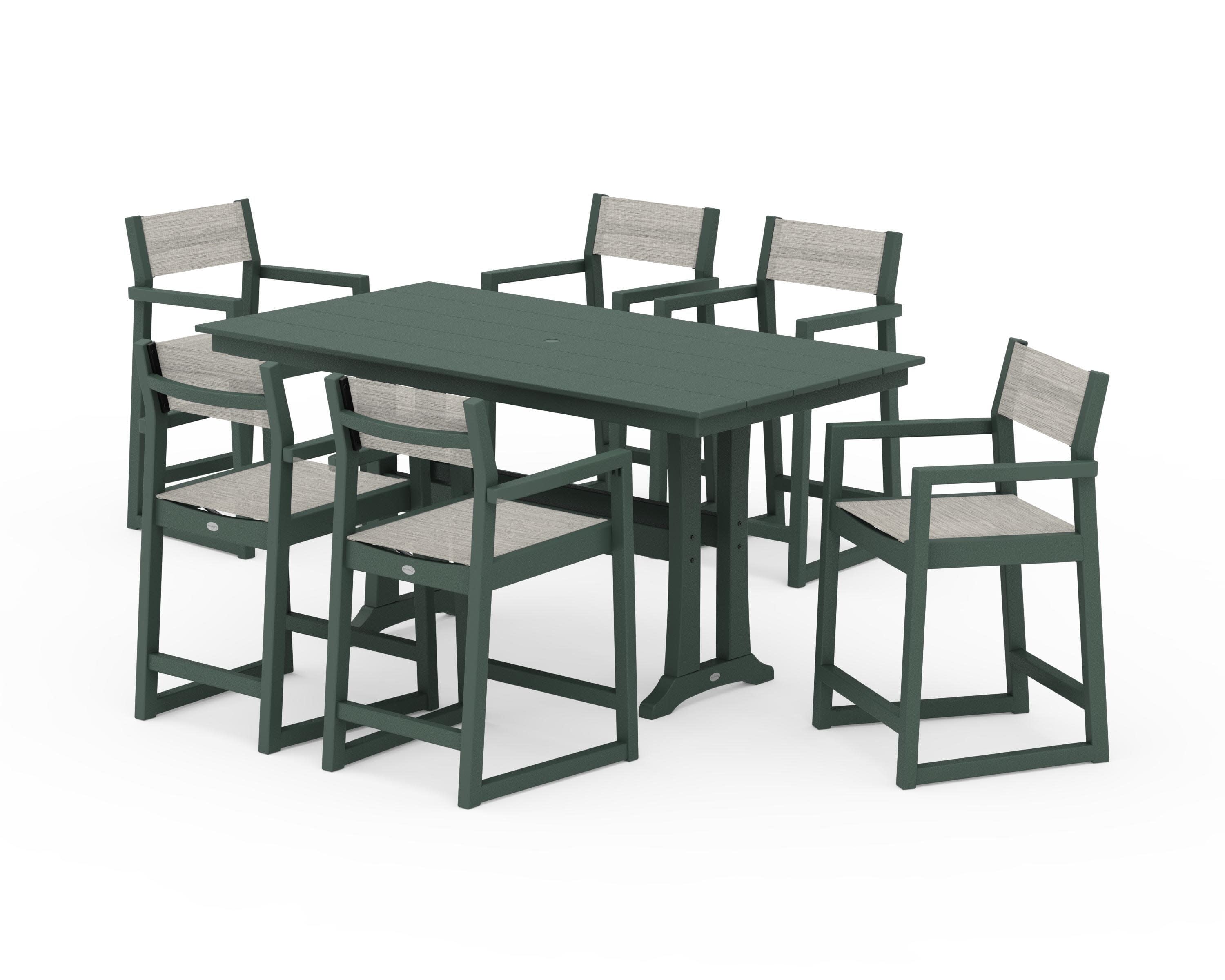 EDGE Sling Arm Chair 7-Piece Farmhouse Counter Set with Trestle Legs in Green / Birch Sling