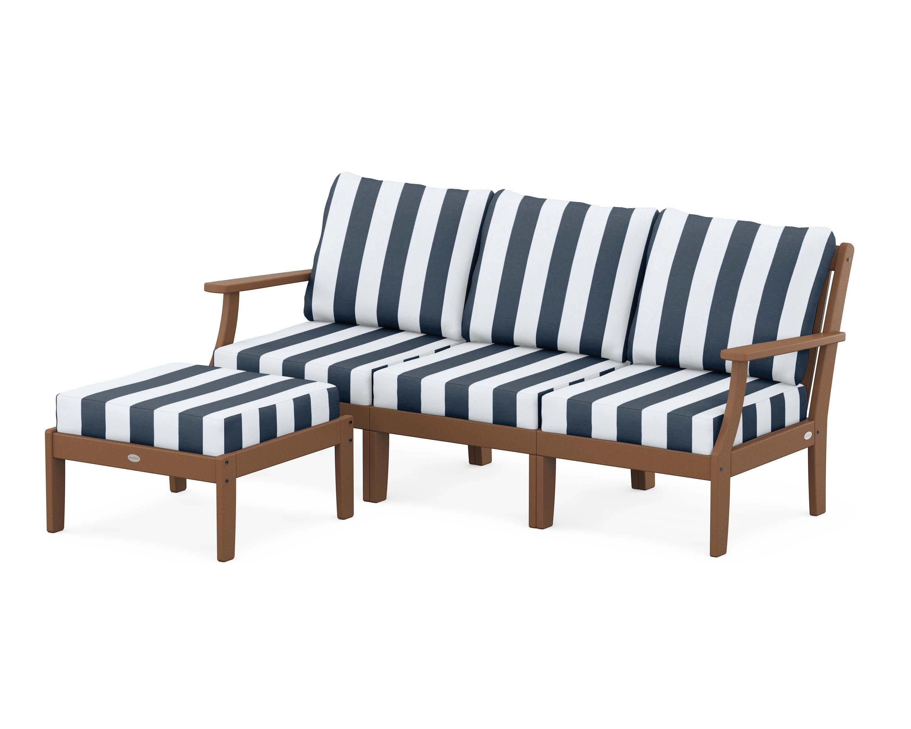 Braxton Modular 4-Piece Deep Seating Set with Ottoman in Teak / Cabana Stripe Marine Indigo