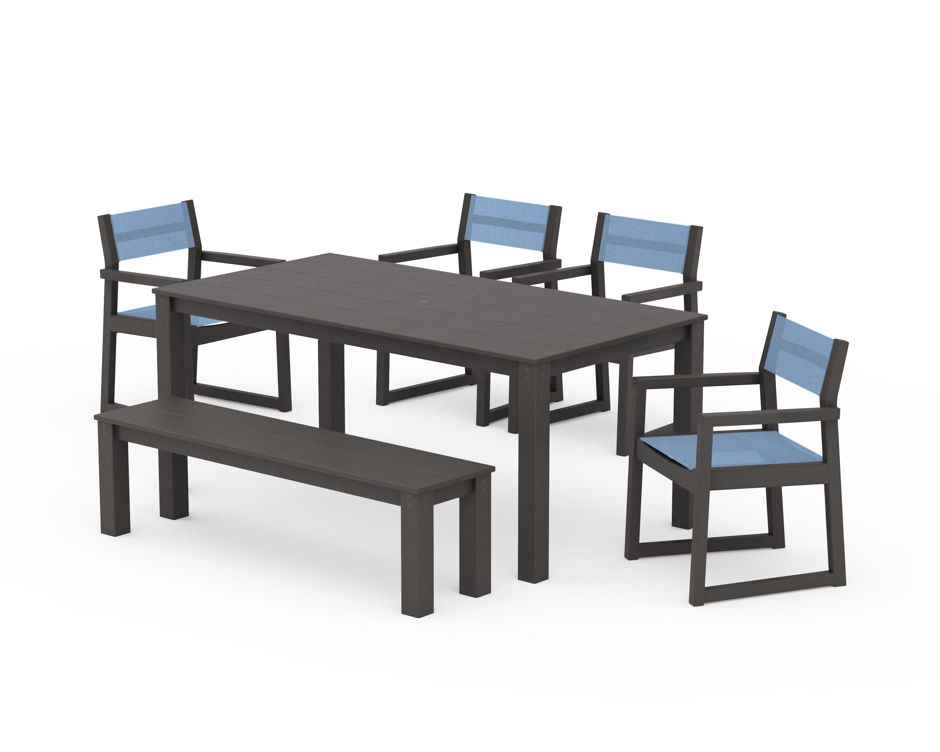 EDGE Sling Arm Chair 6-Piece Parsons Dining Set with Bench in Vintage Coffee / Poolside Sling