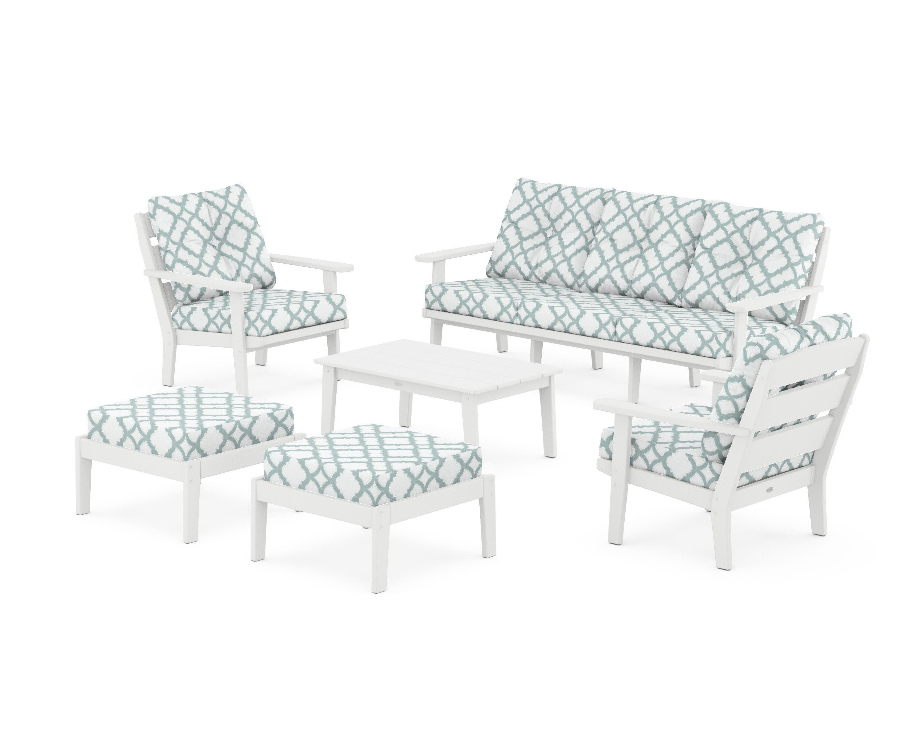 Lakeside 6-Piece Lounge Sofa Set in White / Trellis Glacier Spa