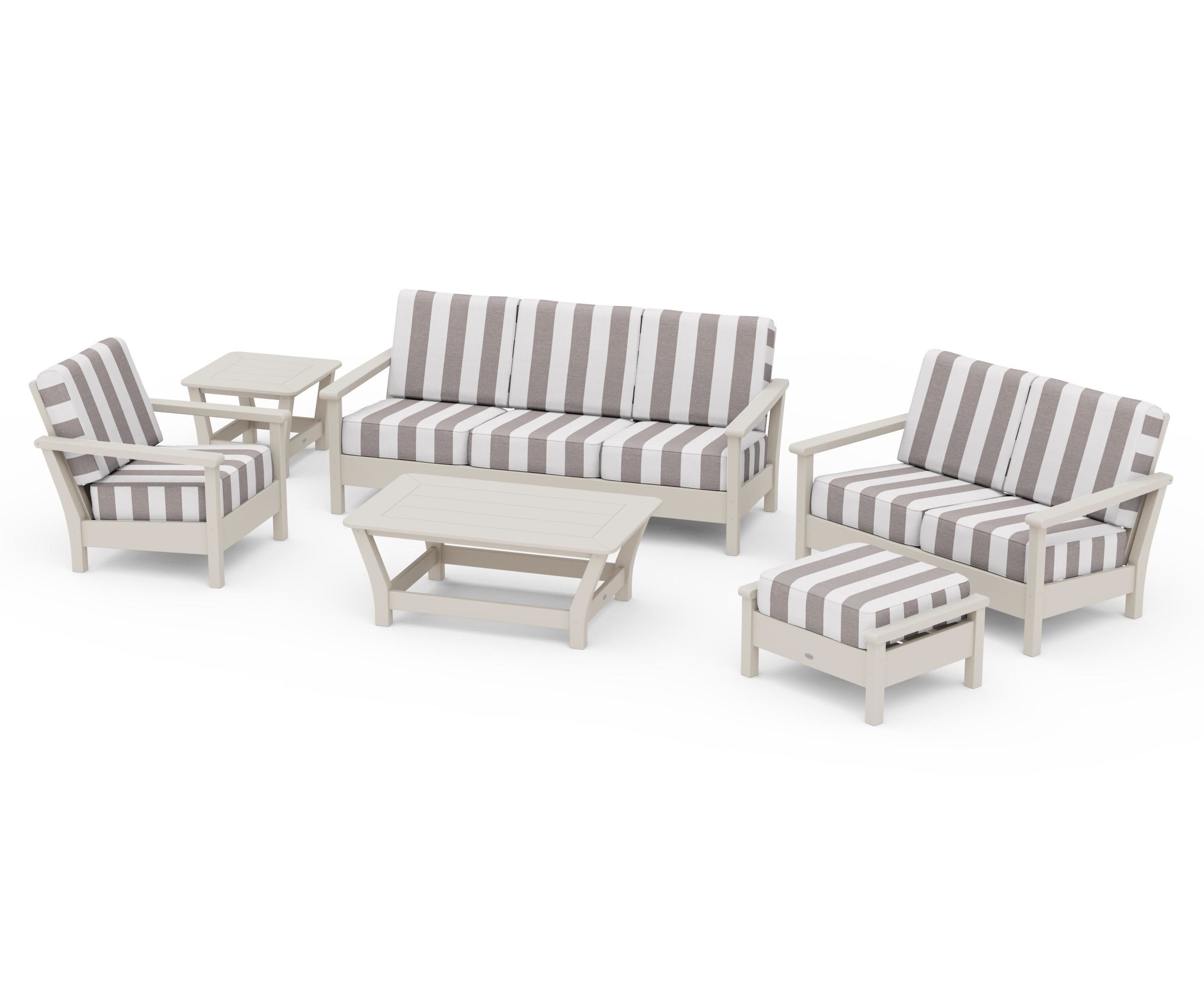 Harbour 6-Piece Outdoor Living Set in Sand / Cabana Stripe Grey Mist