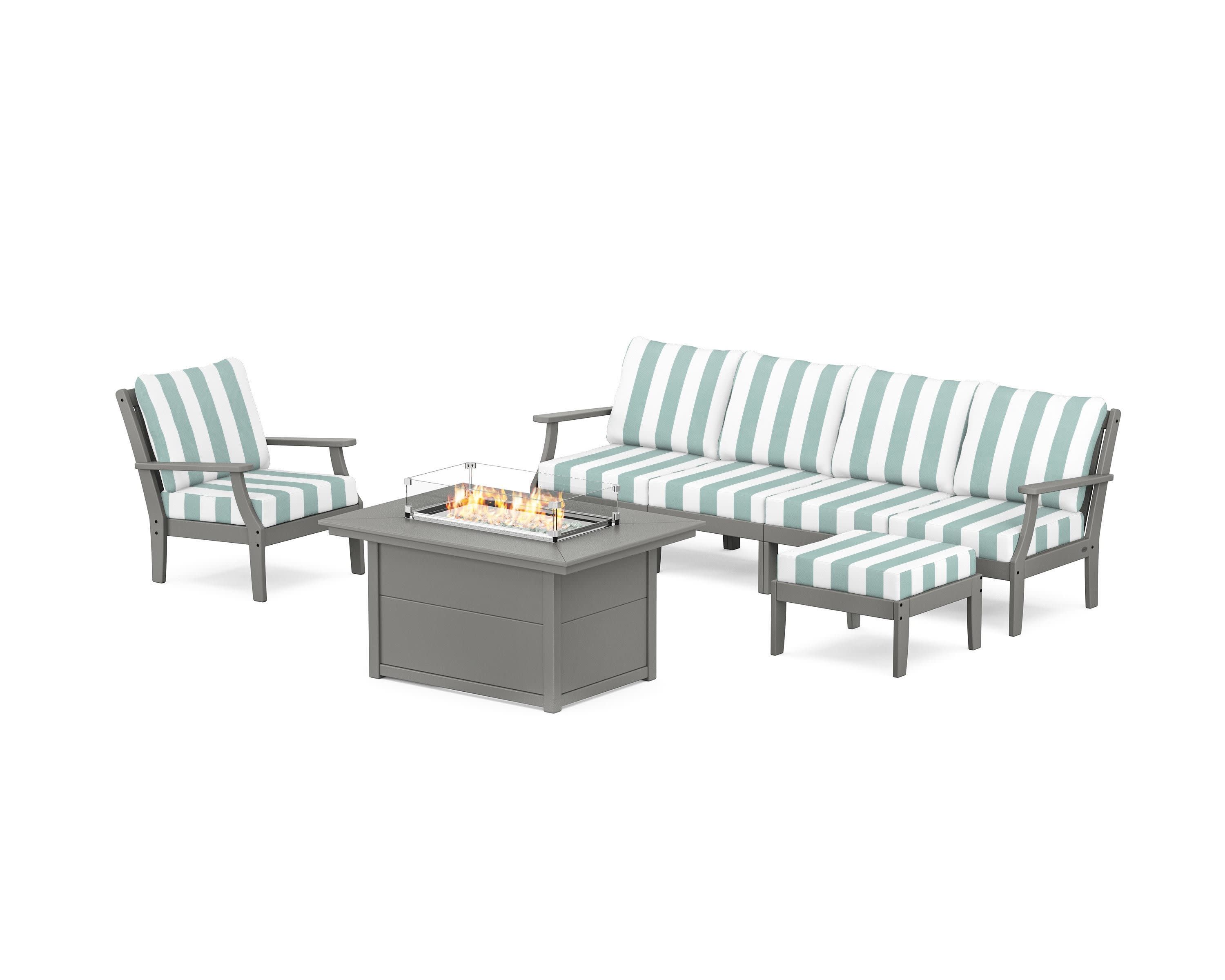 Braxton Sectional Lounge and Fire Pit Set in Slate Grey / Cabana Stripe Glacier Spa