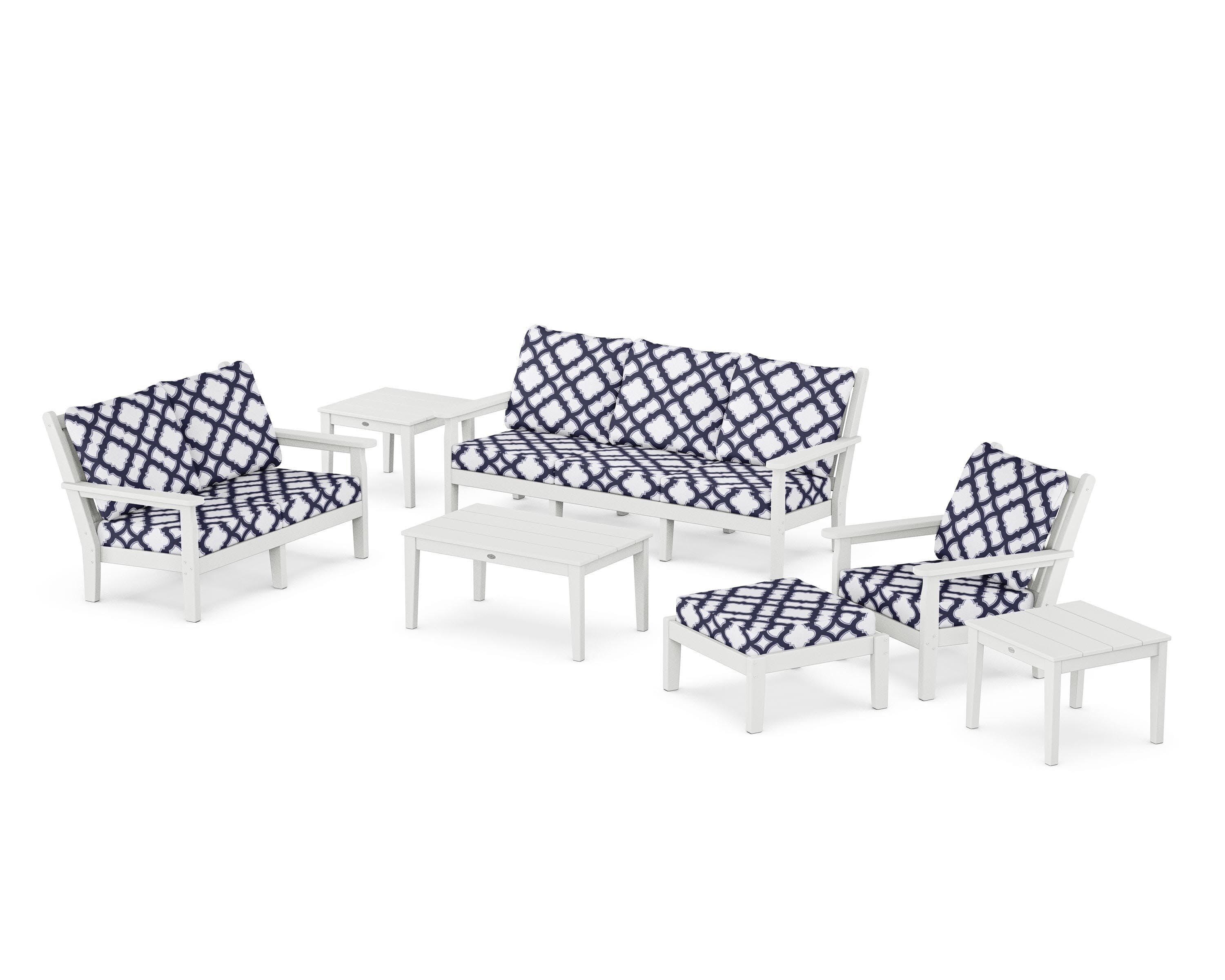 Chippendale 7-Piece Deep Seating Set in White / Trellis Navy