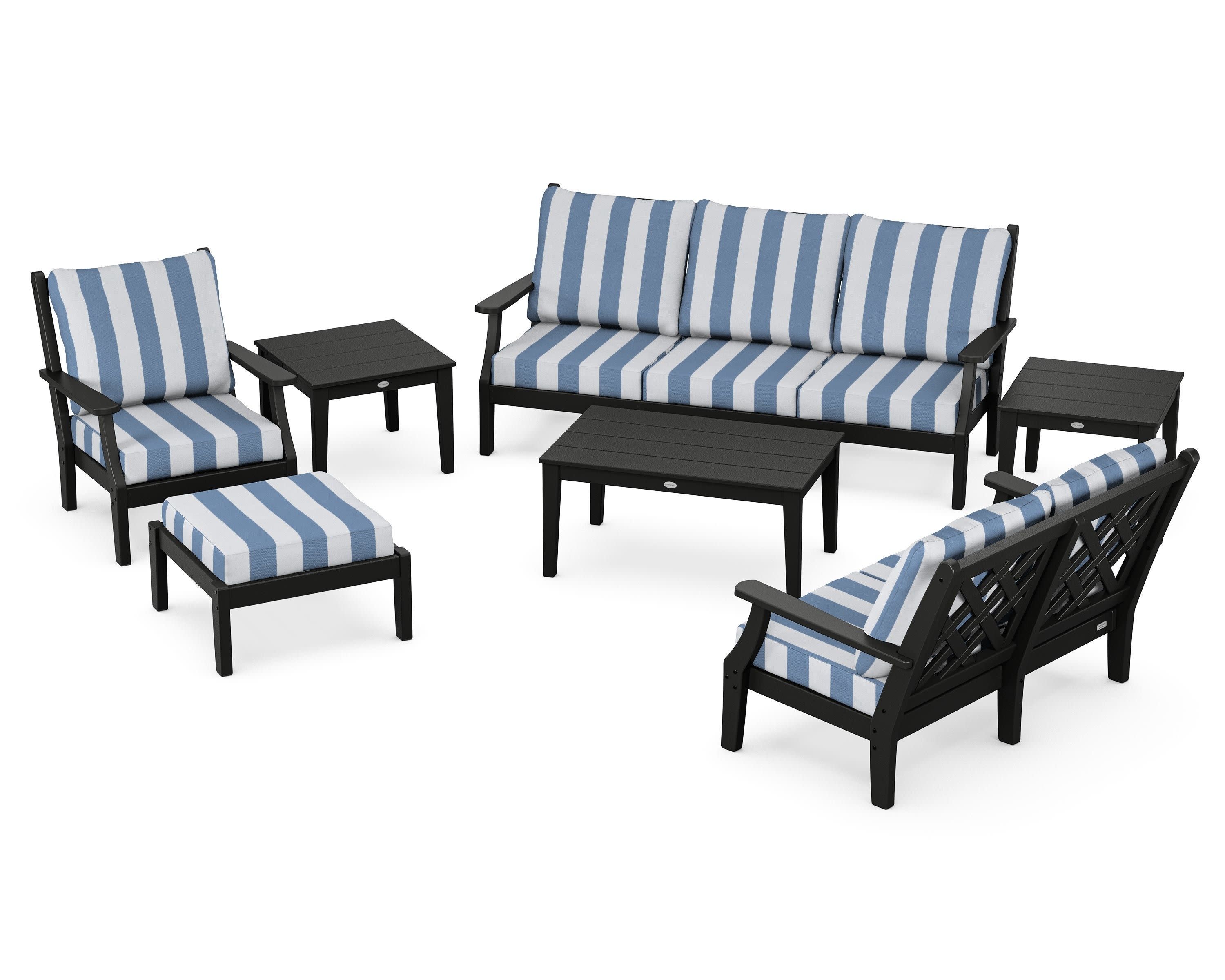 Wovendale 7-Piece Deep Seating Set in Black / Cabana Stripe Sky Blue