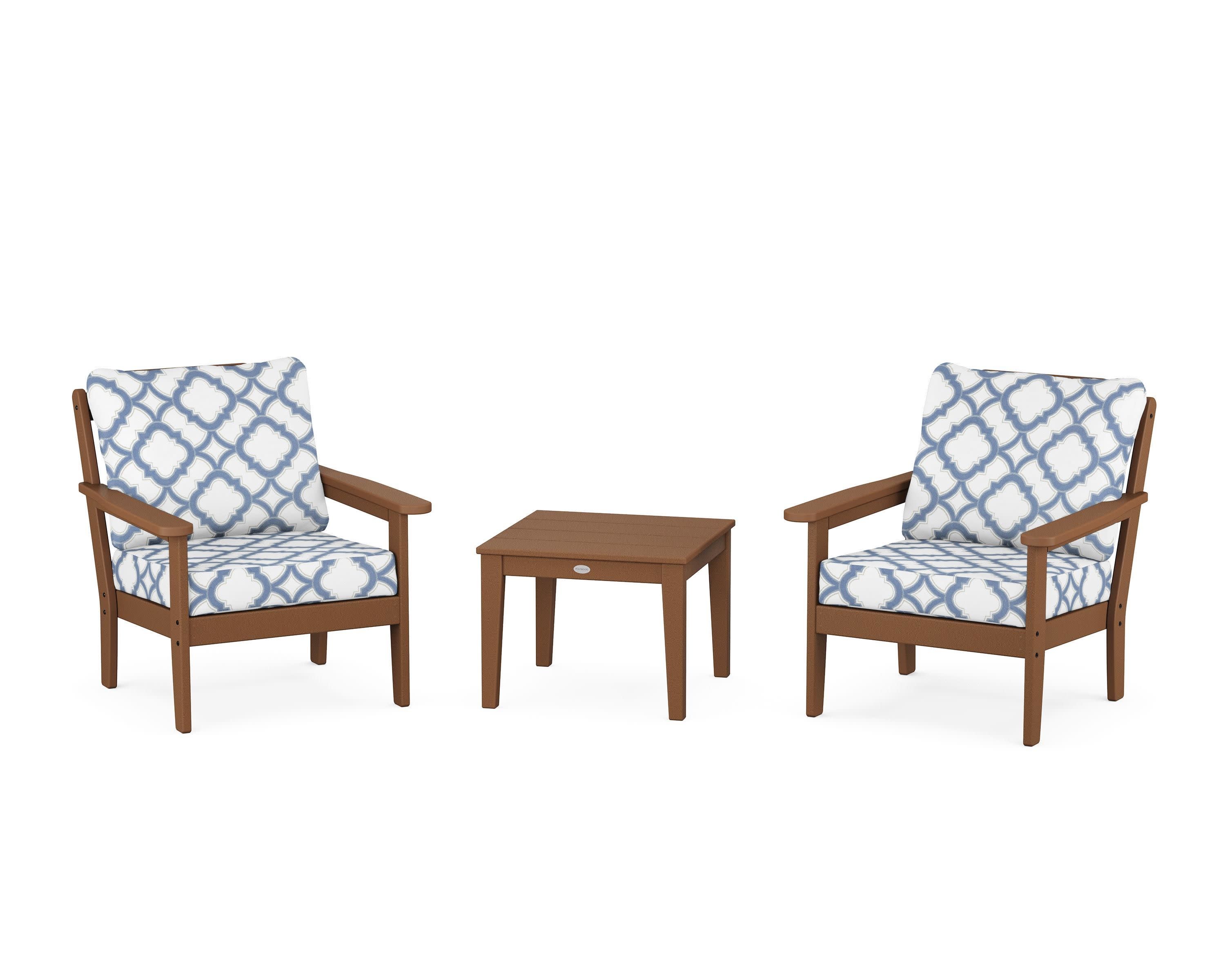 Cottage 3-Piece Deep Seating Set in Teak / Trellis Sky Blue
