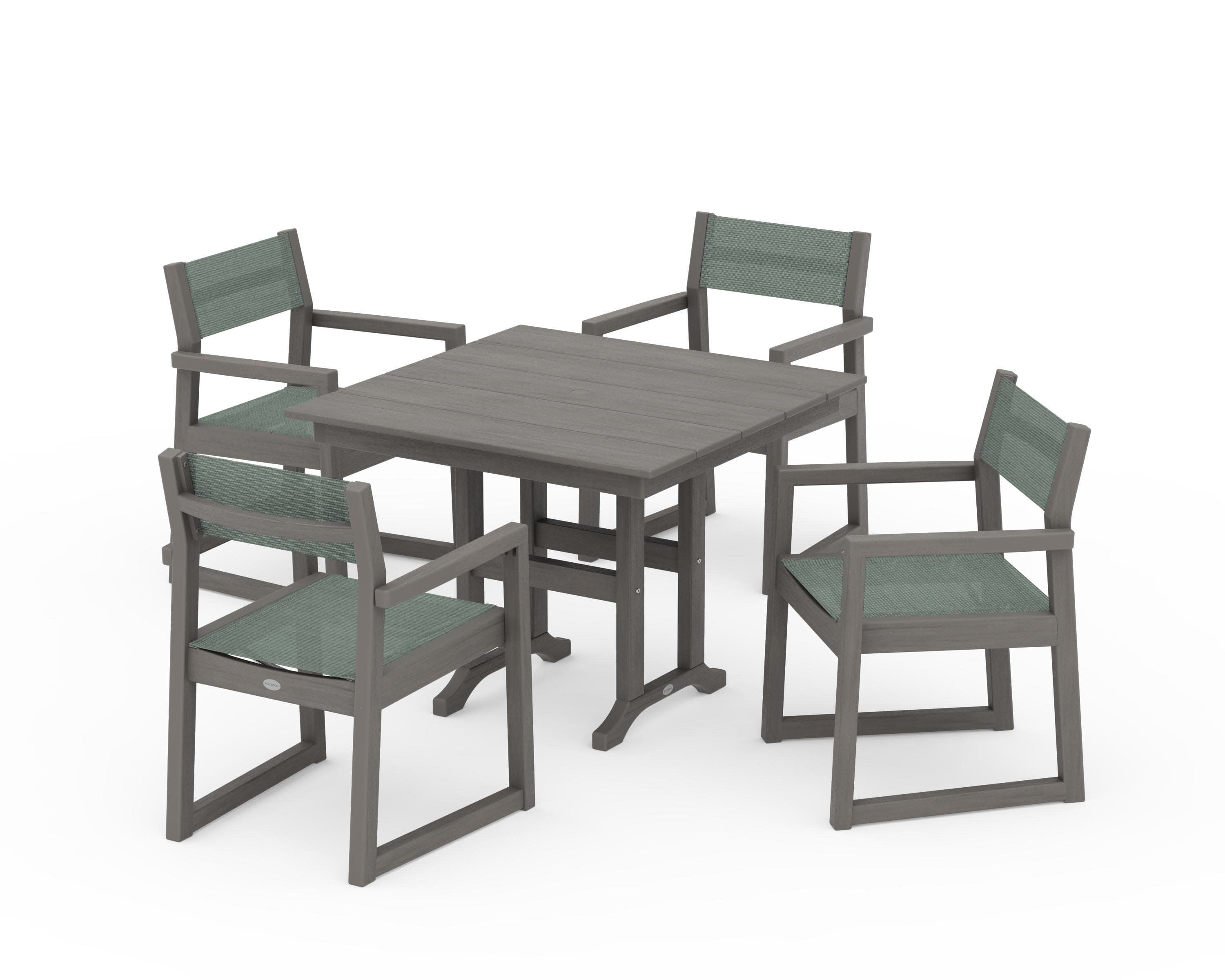 EDGE Sling Arm Chair 5-Piece Farmhouse Dining Set in Driftwood / Dupioni Sea Mist Sling