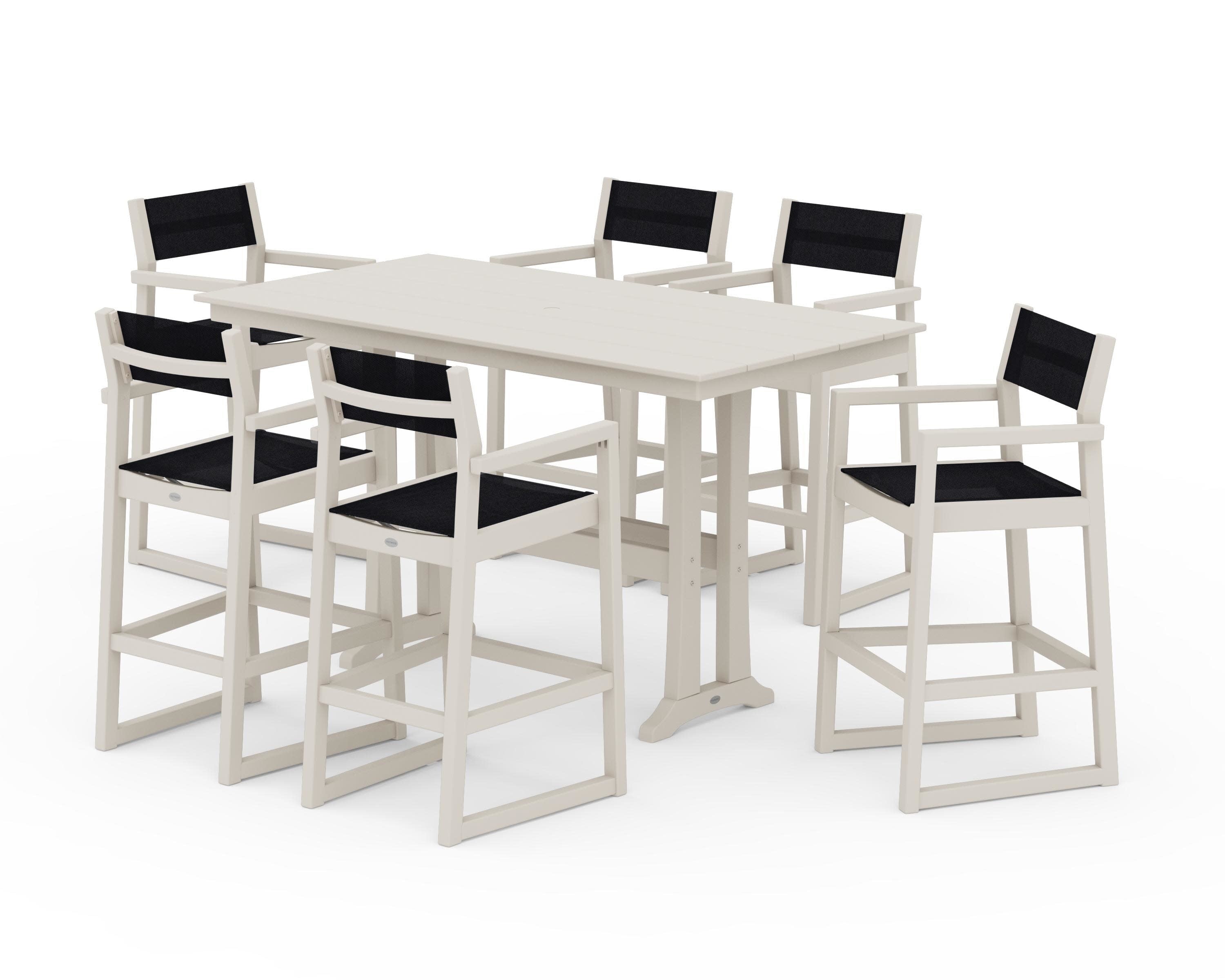 EDGE Sling Arm Chair 7-Piece Farmhouse Bar Set with Trestle Legs in Sand / Black Sling