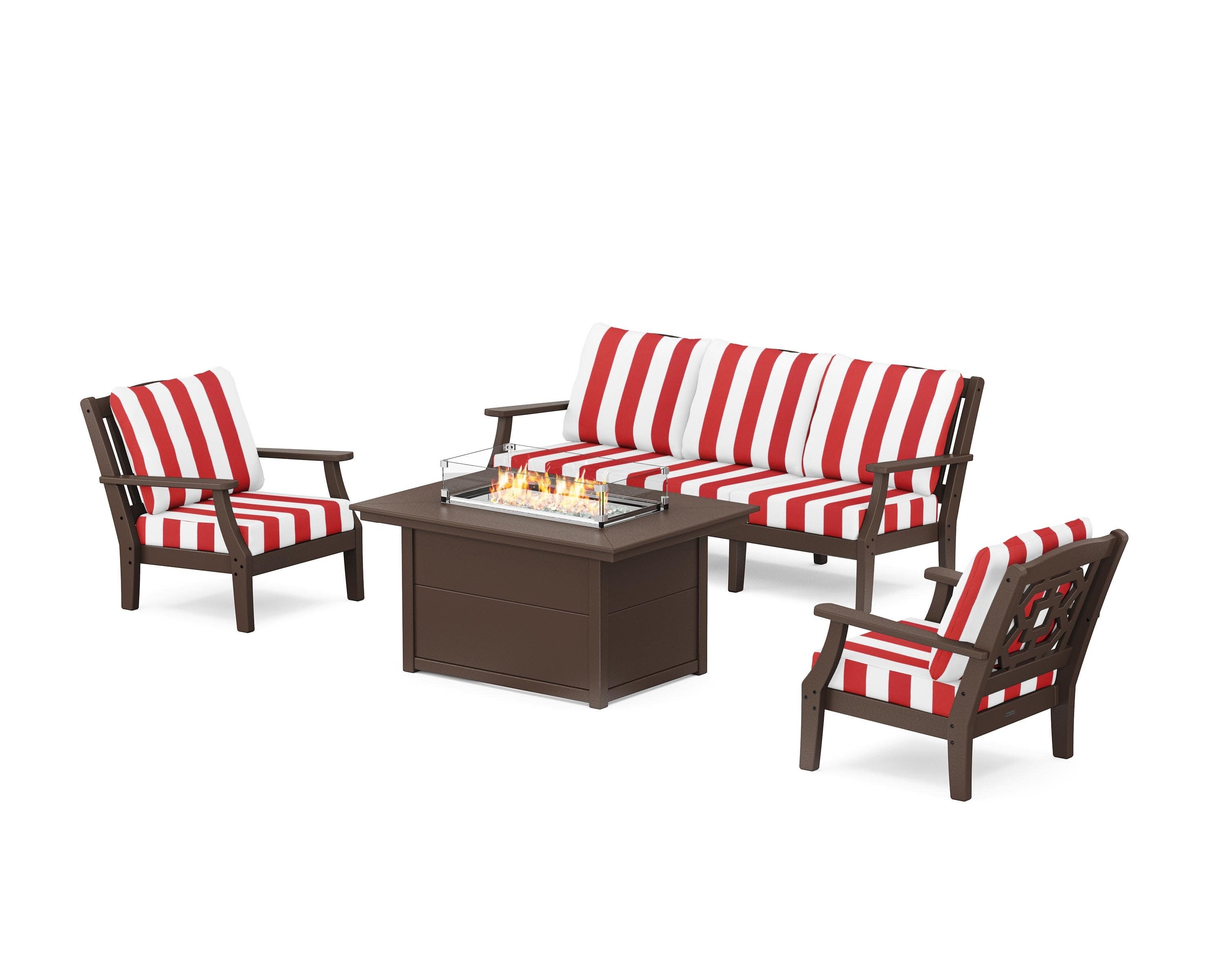 Chinoiserie Deep Seating Fire Pit Table Set in Mahogany / Cabana Stripe Crimson