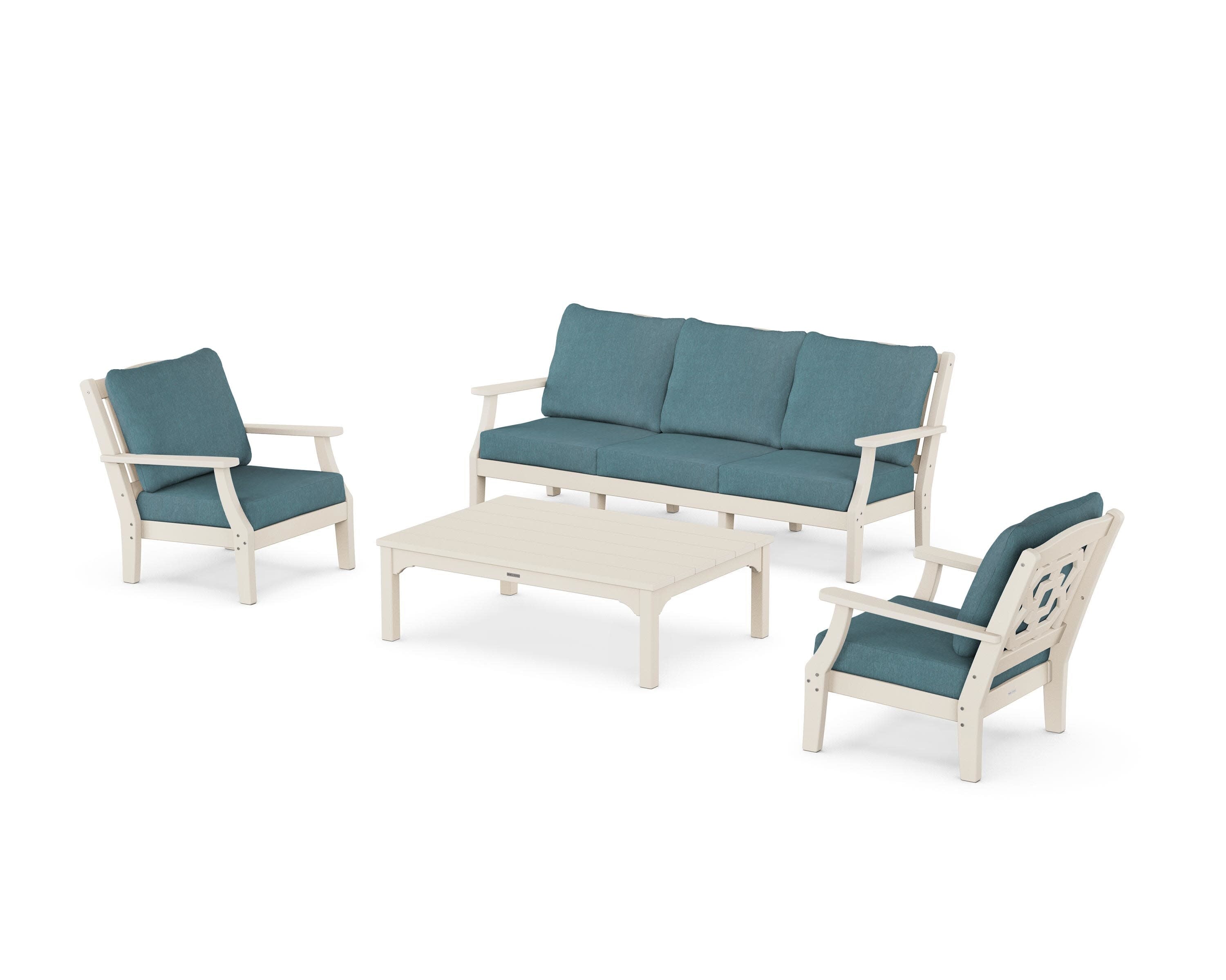 Chinoiserie 4-Piece Deep Seating Set with Sofa in Sand / Ocean Teal