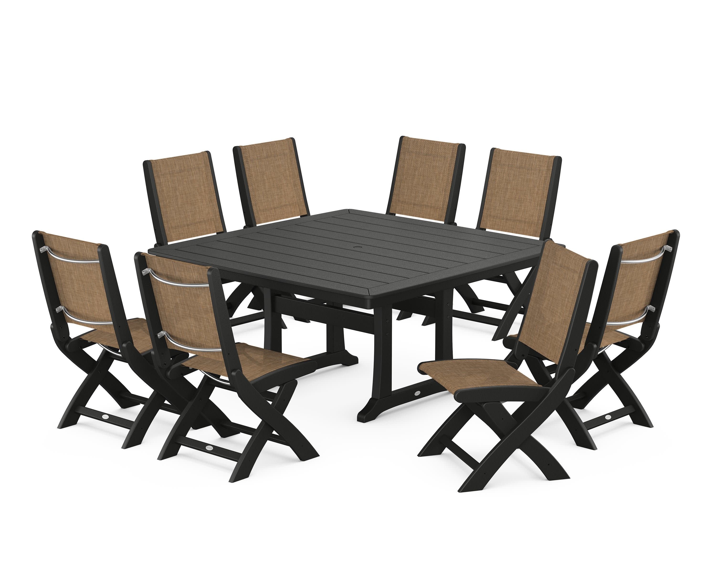 Coastal Folding Side Chair 9-Piece Dining Set with Trestle Legs in Black / Burlap Sling