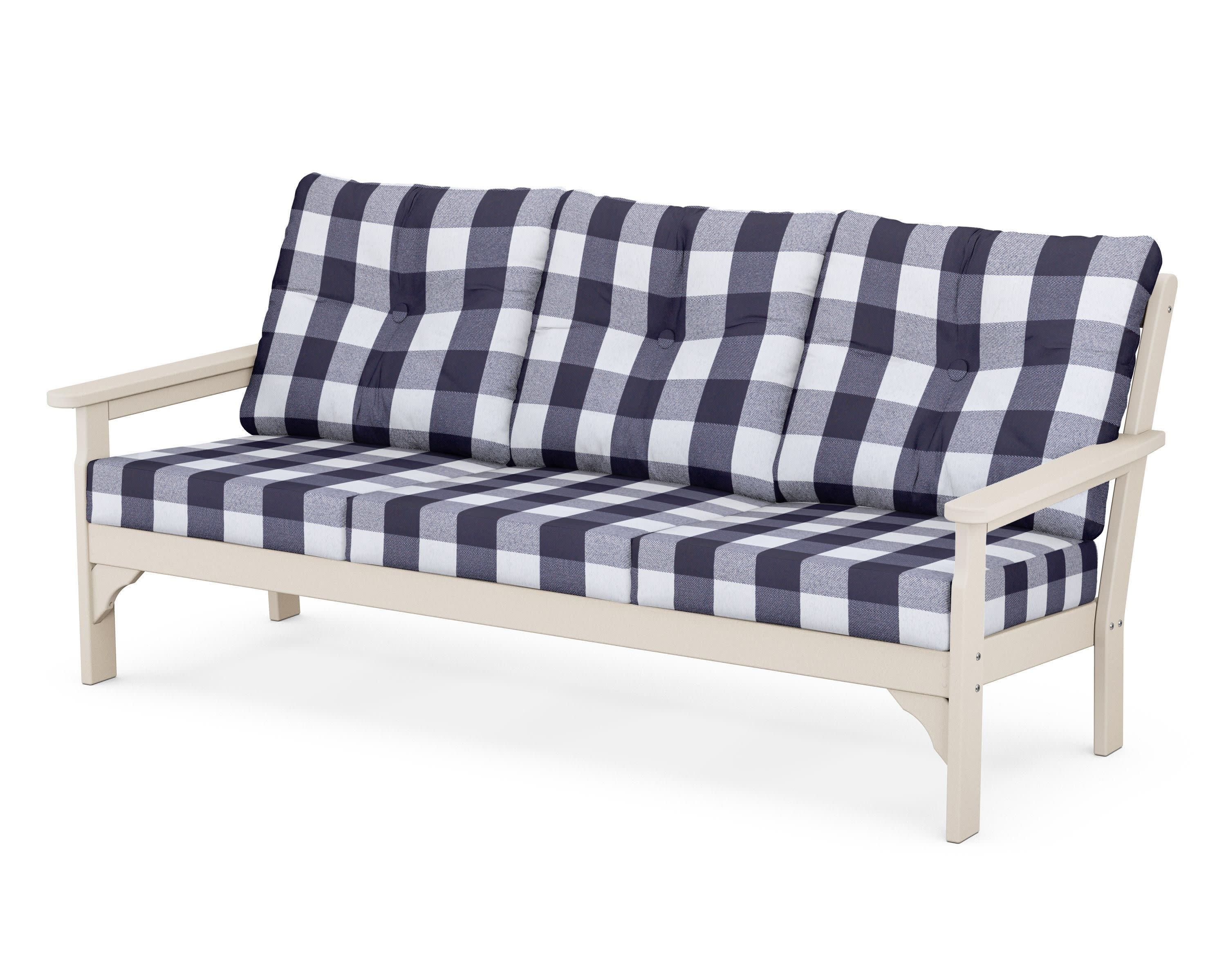 Vineyard Deep Seating Sofa in Sand / Buffalo Plaid Navy