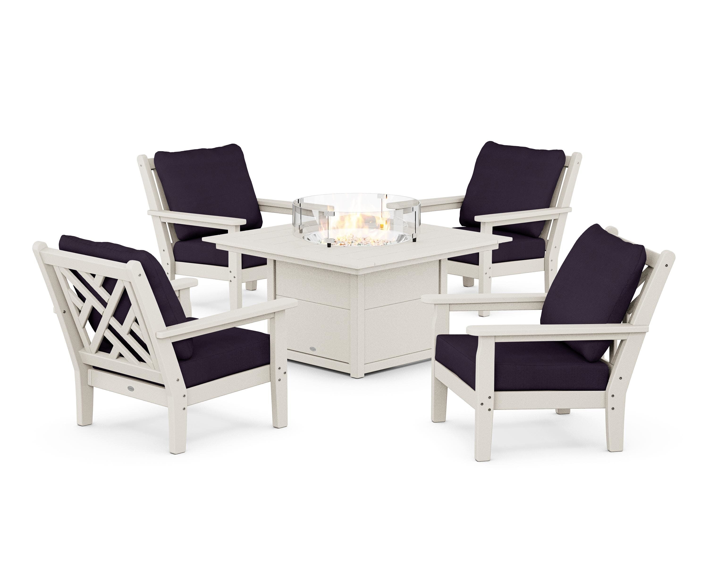 Chippendale 5-Piece Deep Seating Set with Fire Pit Table in Sand / Navy Linen