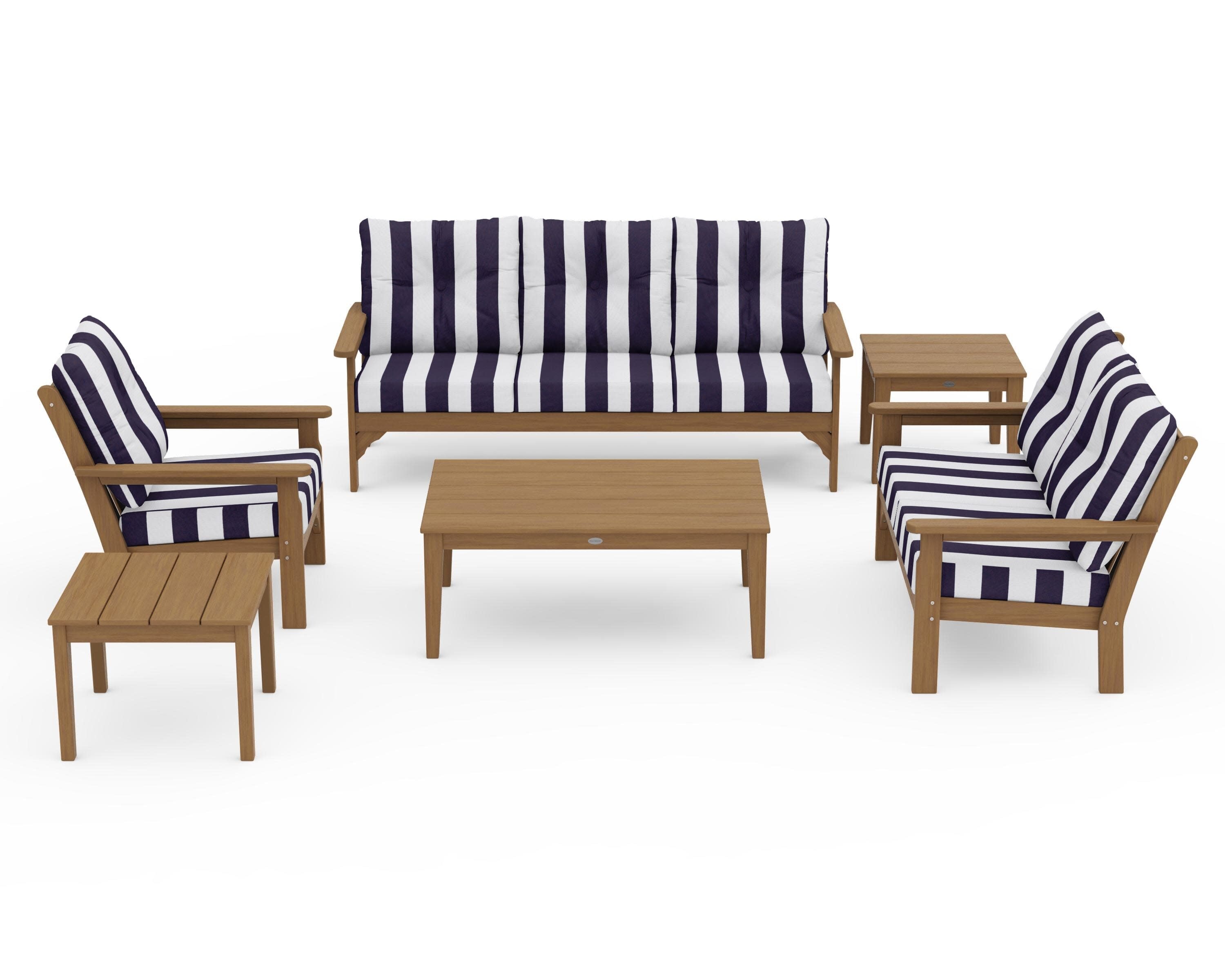 Vineyard 6-Piece Deep Seating Set in Natural / Cabana Stripe Navy