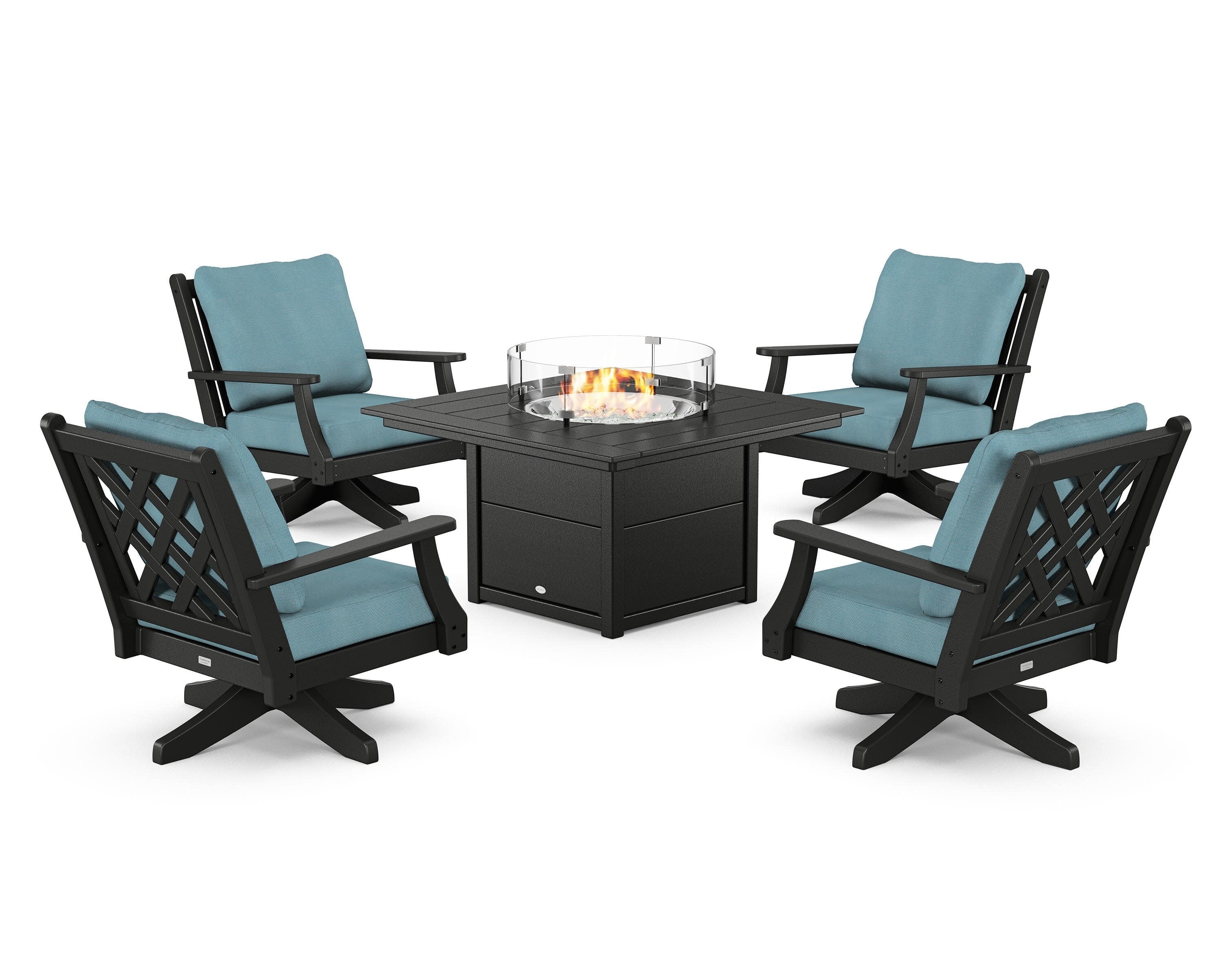 Wovendale 5-Piece Deep Seating Swivel Conversation Set with Fire Pit Table in Black / Lattice Sky Blue