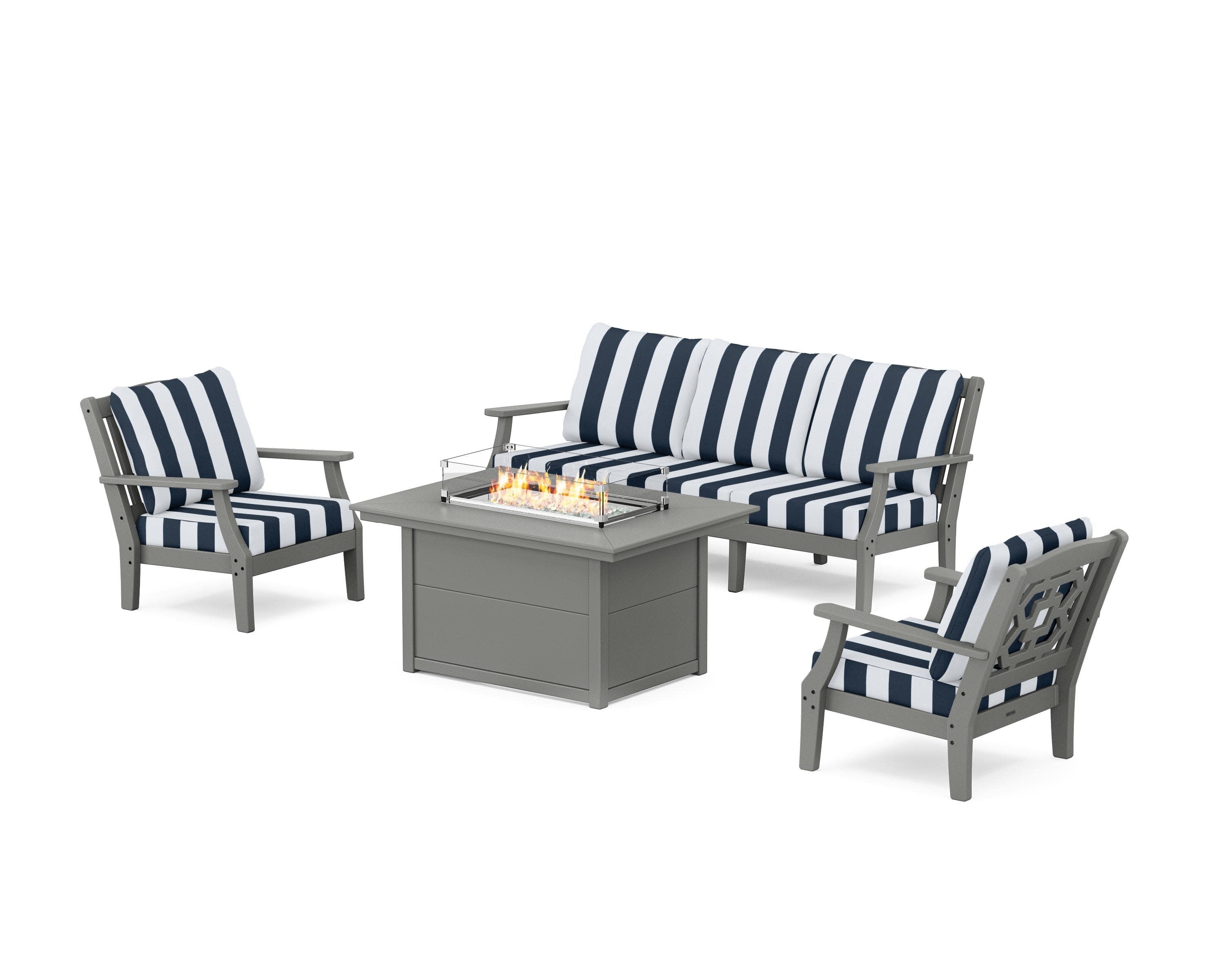 Chinoiserie Deep Seating Fire Pit Table Set in Slate Grey / Cabana Stripe Marine Indigo