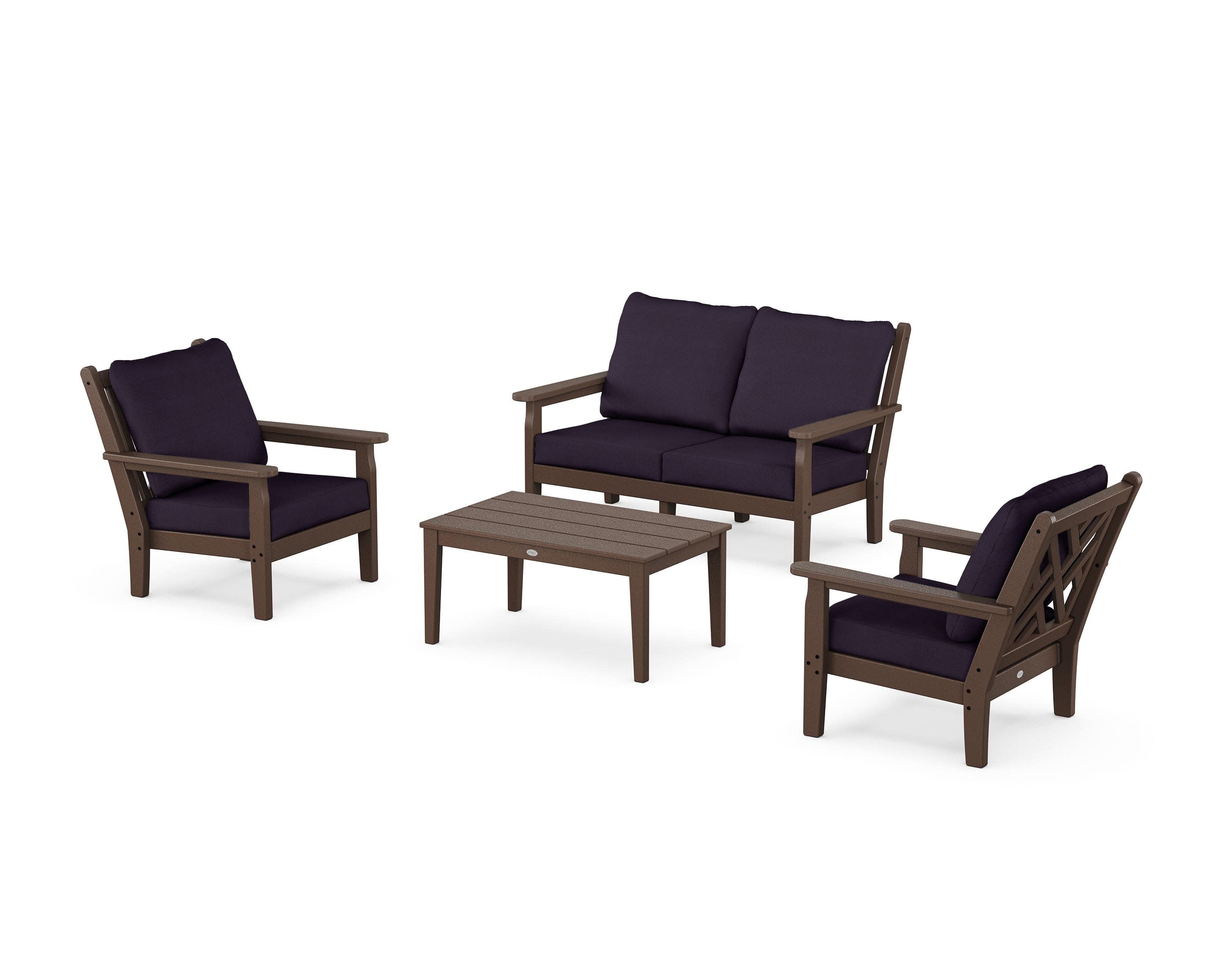 Chippendale 4-Piece Deep Seating Set with Loveseat in Mahogany / Navy Linen