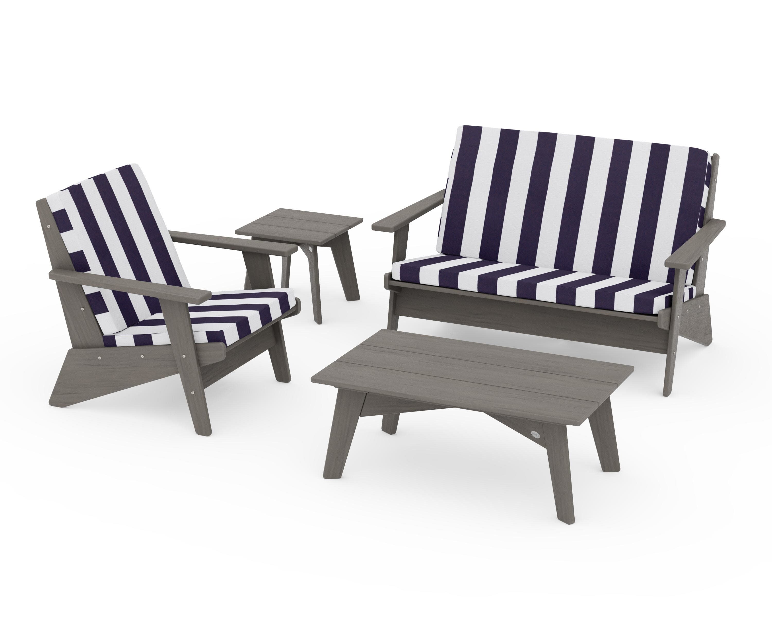 Riviera Modern Lounge 4-Piece Set in Driftwood / Cabana Stripe Navy