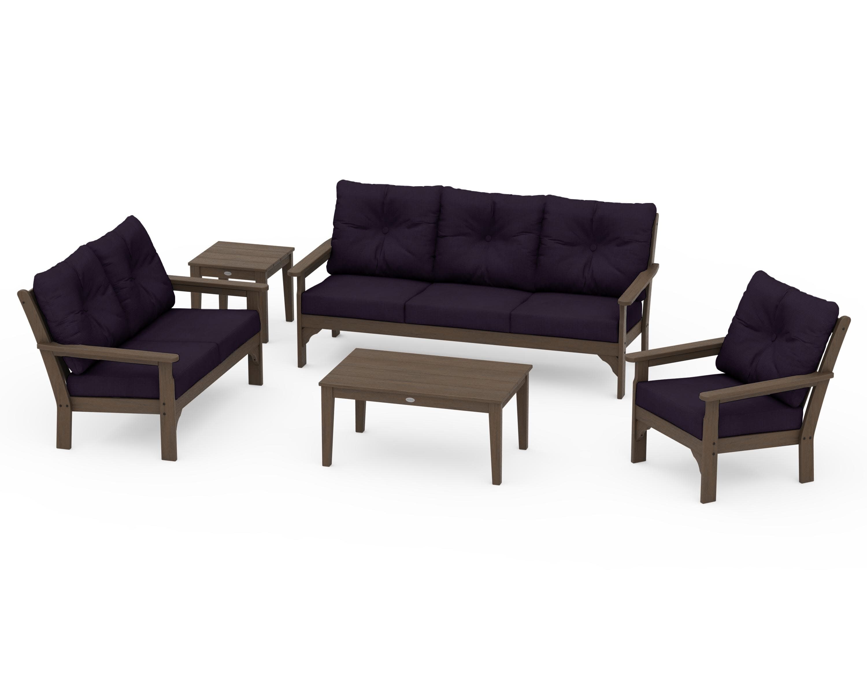 Vineyard 5 Piece Deep Seating Set in Kona / Navy Linen