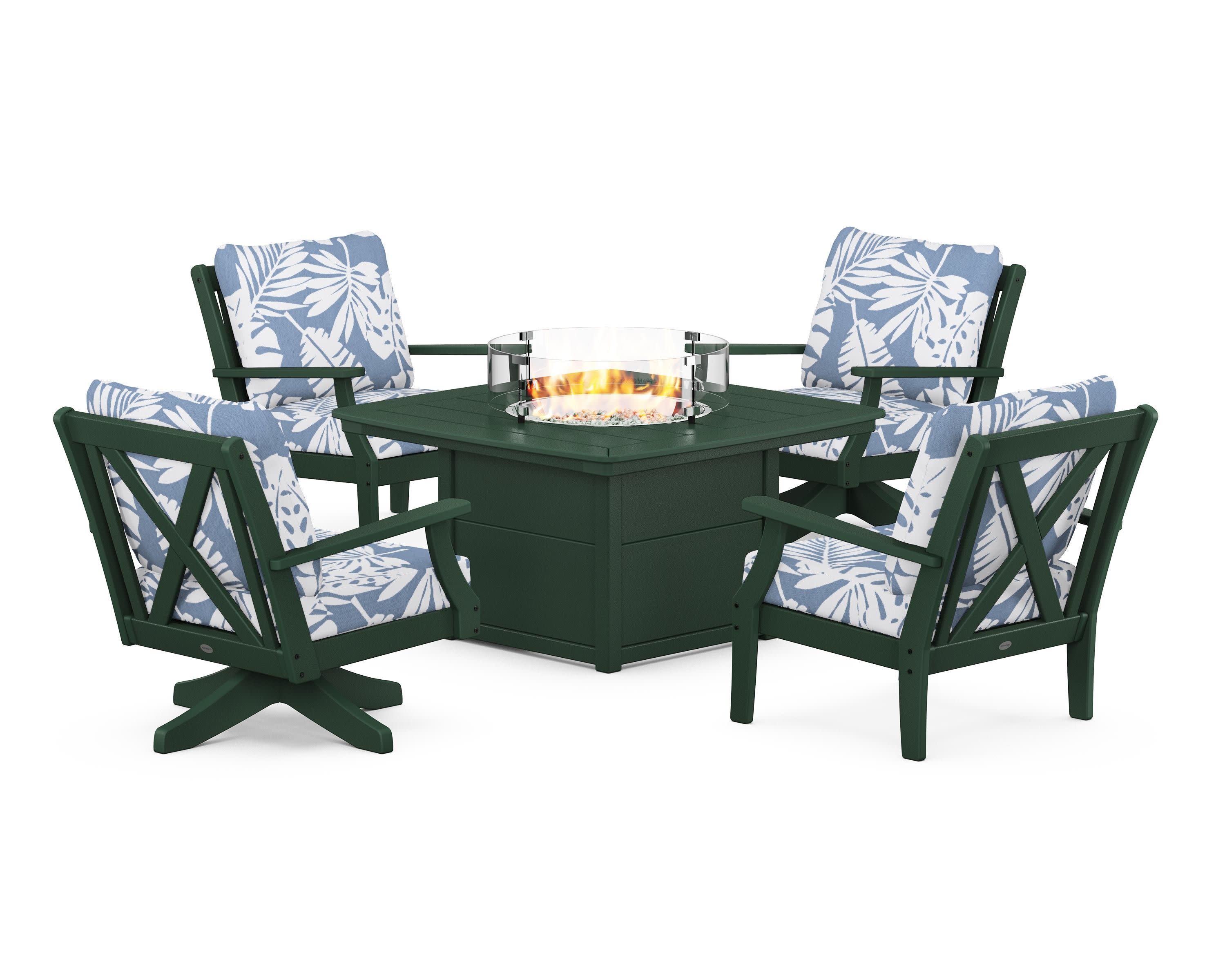 Braxton 5-Piece Deep Seating Set with Fire Table in Green / Leaf Sky Blue