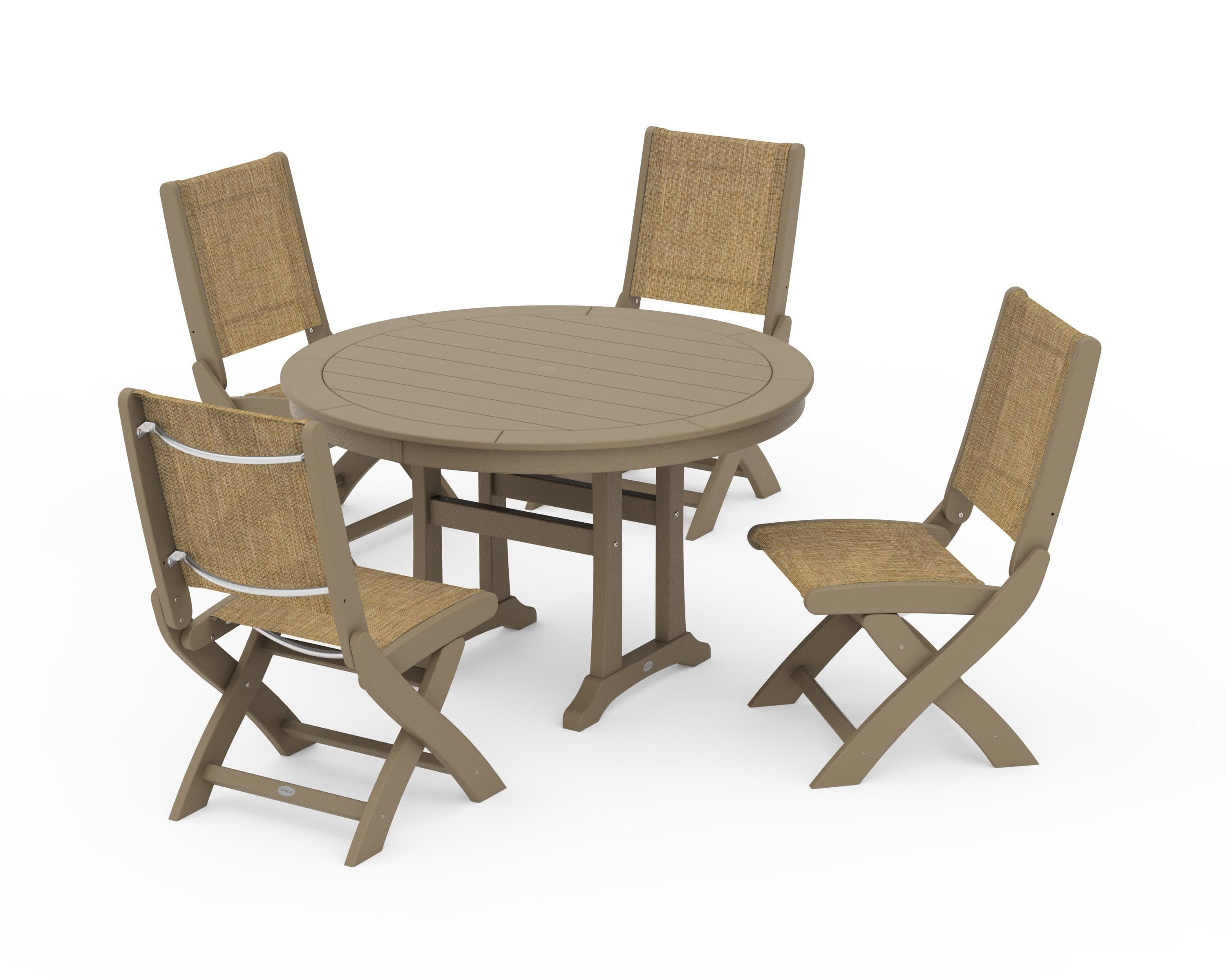 Coastal Folding Side Chair 5-Piece Round Dining Set With Trestle Legs in Vintage Sahara / Burlap Sling