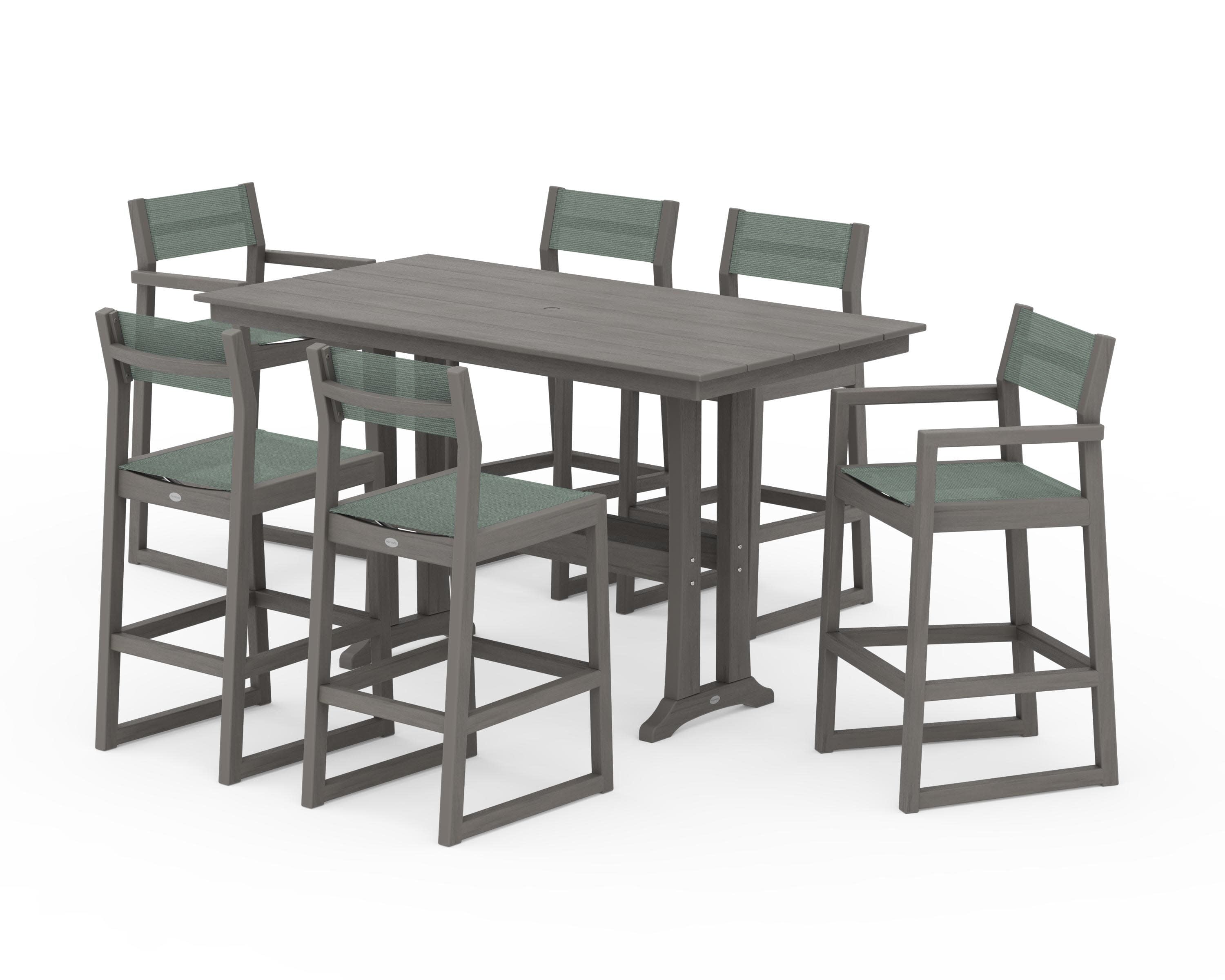EDGE Sling 7-Piece Farmhouse Bar Set with Trestle Legs in Driftwood / Dupioni Sea Mist Sling