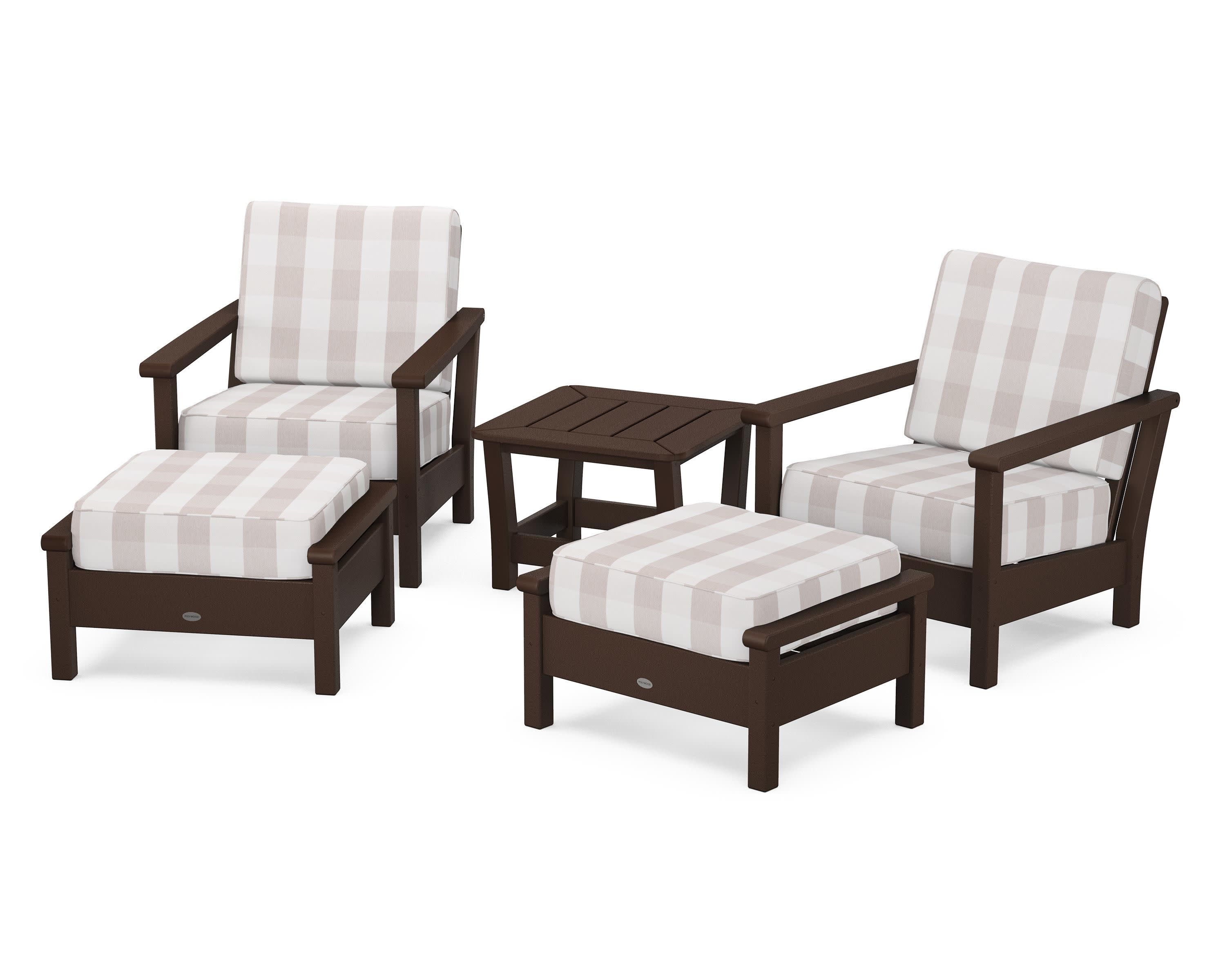 Harbour 5-Piece Deep Seating Chair Set in Mahogany / Buffalo Plaid Dune Burlap
